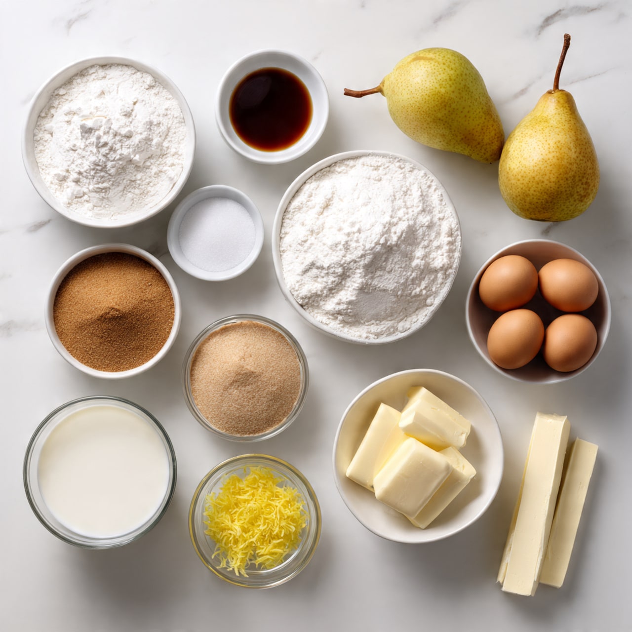 The image shows various baking ingredients arranged neatly on a white marbled surface. At the top left, there is a small white bowl with white baking powder, next to it a small white bowl with dark brown vanilla extract. On the right side, two ripe pears rest in a white bowl. Below the pears, there is a small white bowl with clear white salt. In the center-left, there is a large clear glass bowl filled with white flour, beside a large white bowl full of white sugar. A smaller clear bowl with light brown brown sugar is placed below the salt. A small clear bowl with yellow lemon zest is in the center. At the bottom left, a white bowl holds a clear liquid oil, next to a white bowl filled with white milk. A clear bowl with four brown eggs is placed above the bowls of oil and milk. Two unwrapped butter sticks lie beside the sugar bowl, and a small clear bowl with white powdered sugar is placed near the butter. The setup is bright and clean, showing ingredients ready for baking, photo taken with an iphone --ar 4:5 --v 7