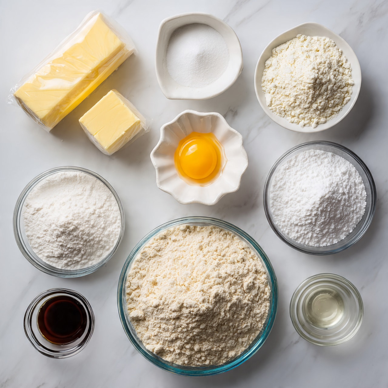 The image shows several ingredients arranged neatly on a white marbled surface. At the center bottom is a large glass bowl filled with light beige flour, and next to it on the right is a slightly smaller glass bowl containing white confectioners' sugar with a smooth texture. Above the flour bowl is a medium-sized glass bowl with white cornstarch, finely powdered. To the left, there are two sticks of yellow butter wrapped in paper. On the top right, a small white bowl holds white baking powder, and below it is a small white bowl with fine white salt. Near the middle right is a white scalloped bowl with a bright yellow egg yolk inside. At the bottom left, there is a small glass cup with dark brown vanilla extract. Finally, a small clear glass container at the top right holds clear peppermint extract. All items are spaced neatly and clearly labeled. photo taken with an iphone --ar 4:5 --v 7