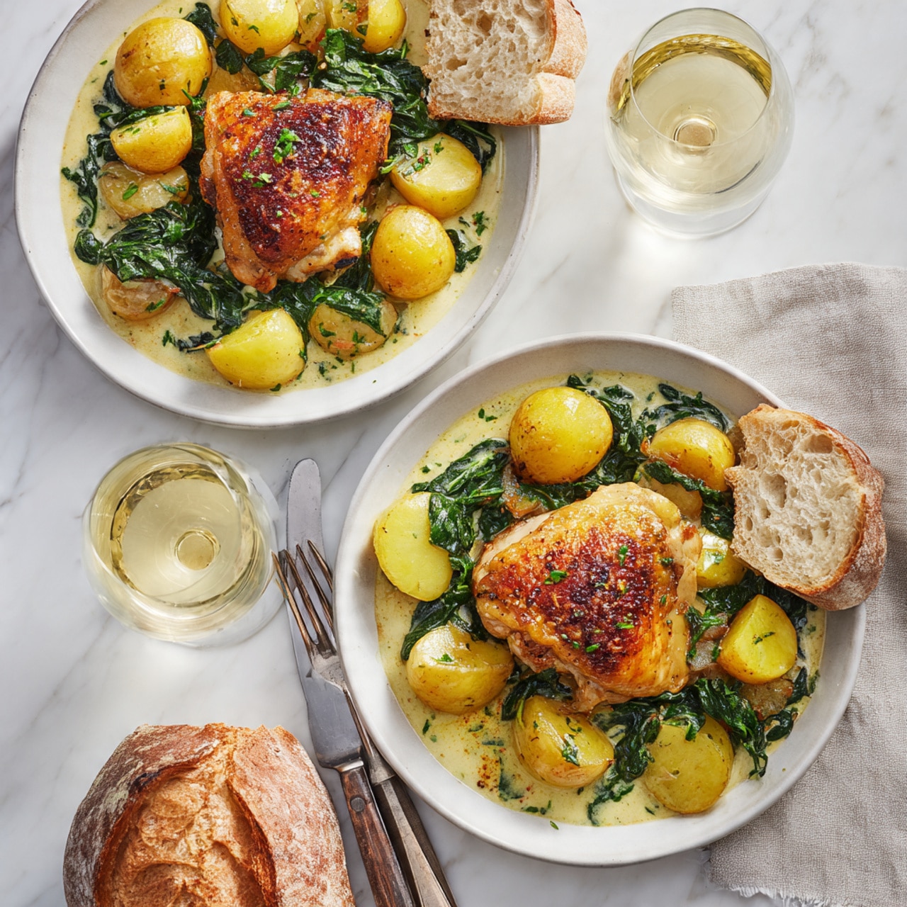 Two round white plates each hold a serving of roasted golden-brown chicken thigh resting on a bed of light yellow cooked potatoes mixed with dark green leafy spinach, all in a light creamy sauce sprinkled with small chopped herbs. A torn light brown crusty bread piece lies on the right edge of the plate in the foreground. The plates are set on a white marbled surface with a fork and knife beside one plate, and two clear glasses filled with pale yellow white wine nearby. A torn loaf of the same crusty bread is also partially visible at the bottom of the image. Photo taken with an iphone --ar 4:5 --v 7