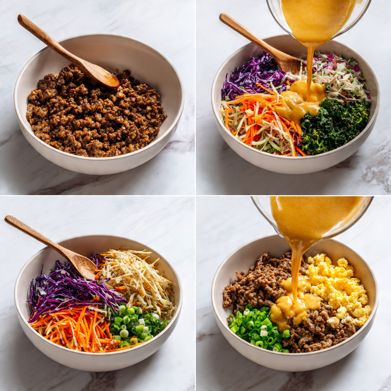 The image shows a white square plate holding a block of uncooked ramen noodles, placed on a white marbled surface. Next to it are several small white bowls with different ingredients: one bowl has a mix of shredded vegetables including white cabbage, thin orange carrot slices, and purple cabbage, another bowl contains chopped green onions, a third bowl shows three brown eggs, and smaller white dishes hold minced black pepper, raw garlic cloves with a piece of ginger, bright yellow oil, a light brown sauce, and a darker brown sauce. A small white marble spoon holds ground black pepper near the top left. The overall setting is bright with a clean, fresh look. Photo taken with an iphone --ar 4:5 --v 7