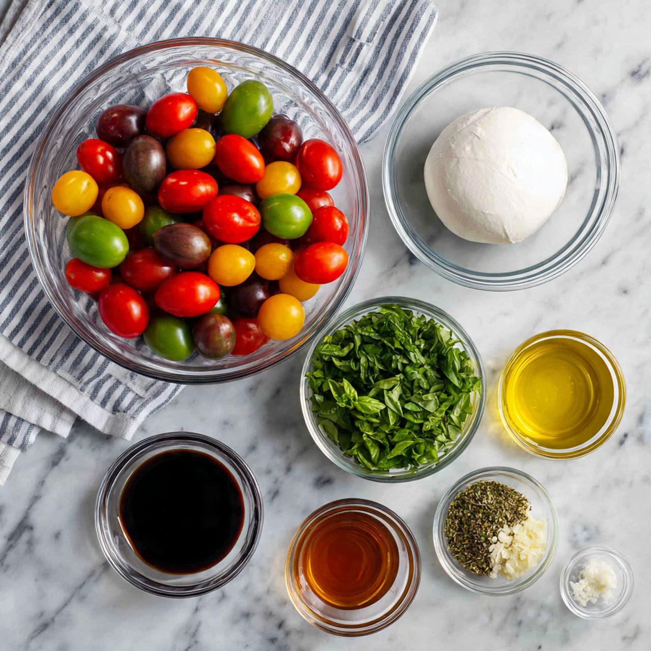This image shows several clear glass bowls arranged neatly on a white marbled surface with a striped cloth underneath. The largest bowl at the top left is full of colorful cherry tomatoes in red, green, yellow, and purple shades with glossy textures. To its right is a medium bowl with a smooth white ball of mozzarella cheese. Below these, a smaller bowl holds fresh, chopped green basil leaves. Next to it is a bowl with finely mixed dried herbs in brown and green tones. To the right is another medium bowl filled with clear golden olive oil. In the front row, from left to right, there are three small bowls holding thick dark balsamic vinegar, amber-colored honey, and finely chopped pale garlic. The bowls are arranged in a balanced and clean way. The photo taken with an iphone --ar 4:5 --v 7