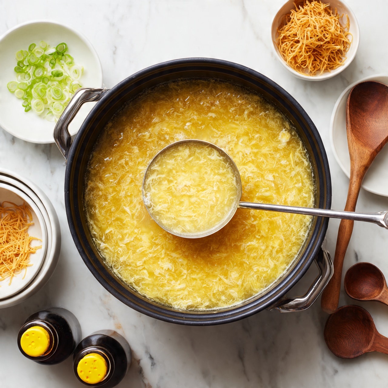 A large black pot filled with smooth, golden-yellow egg drop soup with visible silky egg ribbons floating on the surface, a silver ladle holding a portion of the soup above the pot's center. Surrounding the pot on a white marbled surface are small white bowls: one with thinly sliced green onions, one with crispy fried noodles, and another empty stack of white bowls. Two dark wooden spoons and two small soy sauce bottles with yellow caps are also visible nearby. Photo taken with an iphone --ar 4:5 --v 7