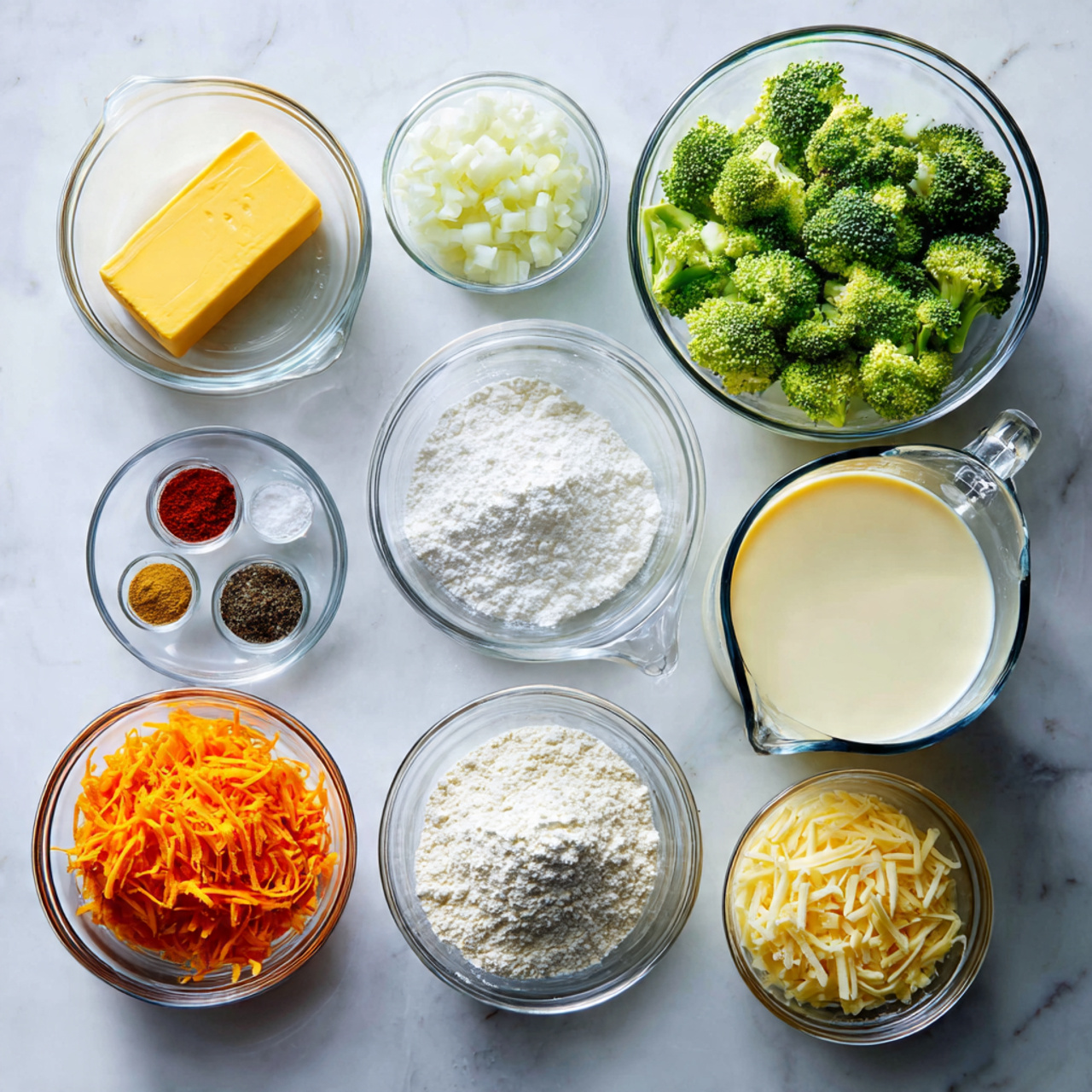 The image shows several clear glass bowls on a white marbled surface, each filled with different ingredients for cooking. Starting from the top left: a bowl with a rectangular block of yellow butter, a bowl with chopped white onions, a small bowl with minced garlic, and a large bowl filled with chopped green broccoli. Below the broccoli is a small bowl with seasoning powders in red, white, and black colors. Toward the middle, there is a large glass measuring cup filled with light yellow chicken broth, and below it another measuring cup with white milk. To the left of the milk, there is a bowl with shredded orange carrots, and above it, a bowl with white flour. Finally, below the cauliflower, there is a bowl with shredded light yellow smoked gouda cheese. All the bowls are placed neatly on the white marbled surface, with a clear and bright lighting. Photo taken with an iphone --ar 4:5 --v 7