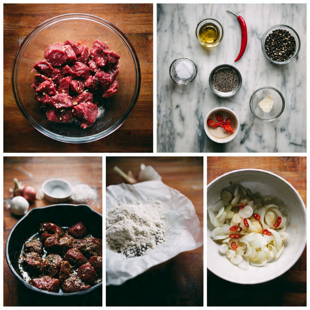 The image shows a six-step cooking process. In the first step, raw red meat strips sit in a clear glass bowl on a wooden surface, surrounded by small bowls with salt, black pepper, sauce, and an onion and chili pepper. The second step zooms in on the meat covered with white flour and black pepper sprinkled on top. The third step shows the meat mixed with the flour and seasonings in the glass bowl, appearing sticky and blended. The fourth step captures the meat strips cooking in a dark pan, slightly browned in places. The fifth step shows the cooked meat placed on white paper in a white bowl, with a crispy, dark brown texture. The sixth step moves to a pan with sliced white onions, red chili slices, and clumps of minced garlic cooking together. The surface under everything is a white marbled texture. photo taken with an iphone --ar 4:5 --v 7