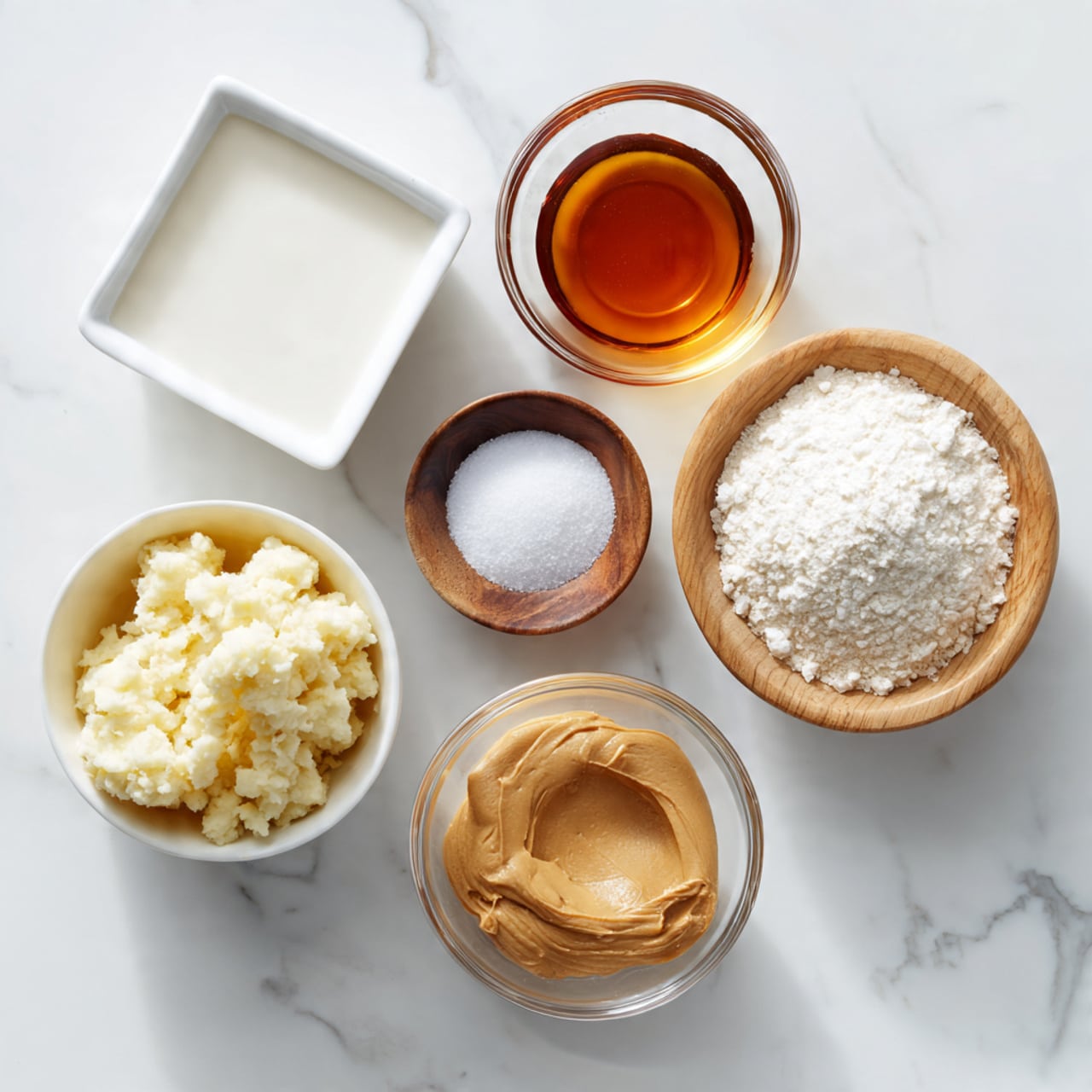 The image shows seven ingredients each in a separate clear or white bowl arranged neatly on a white marbled surface. From left to right, there is a small white square bowl with milk, a small glass bowl with amber-colored vanilla extract, a small round wooden bowl with white salt, and a large square white bowl filled with fine white powdered sugar. Below these four, there are three more bowls: a larger clear glass bowl with pale yellow mashed potatoes, a medium clear glass bowl with smooth light brown peanut butter, and an empty area of the white marbled surface. All bowls are simple and clean, and the photo has bright, natural lighting. photo taken with an iphone --ar 4:5 --v 7