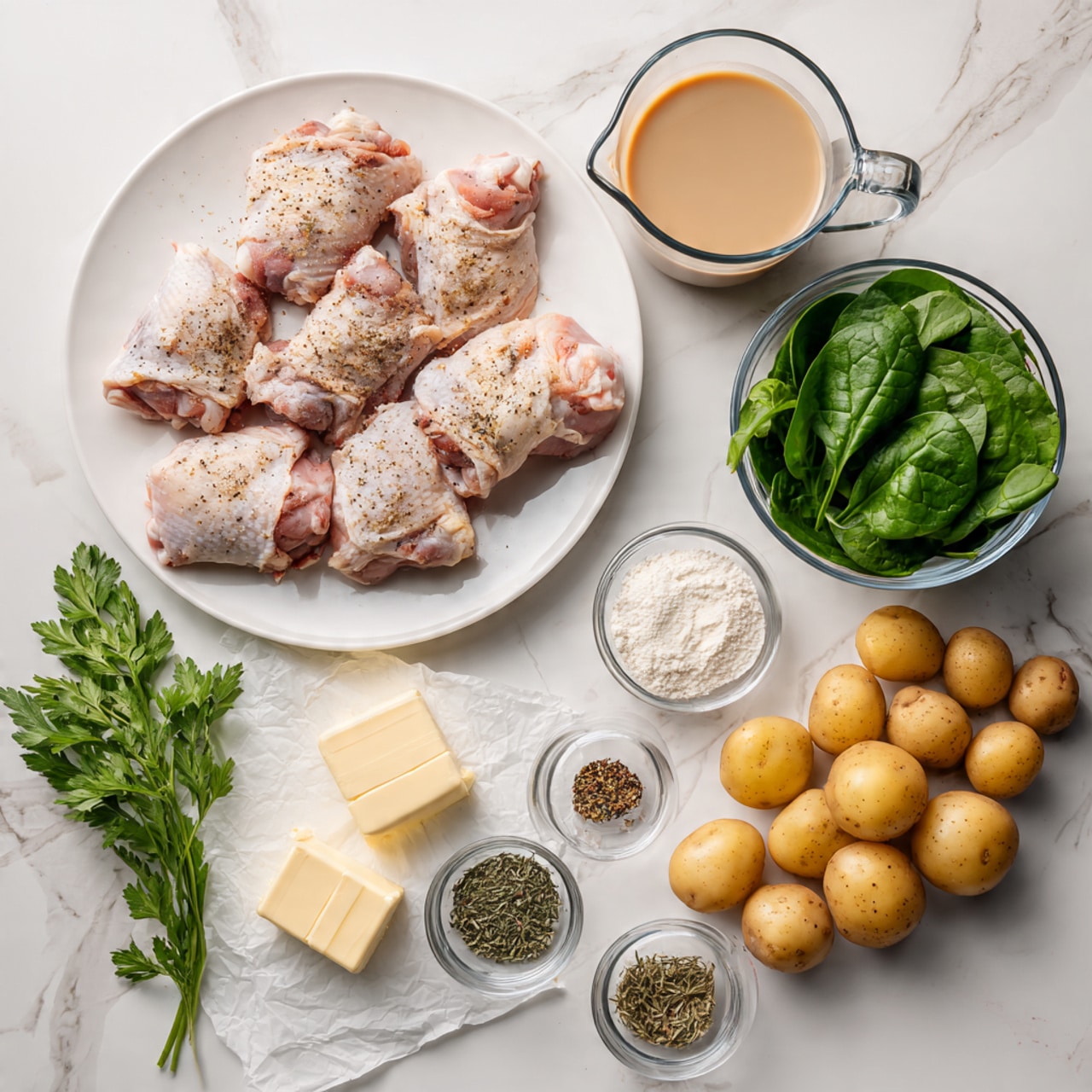 The dish shows a white baking pan filled with six golden-brown roasted chicken thighs arranged evenly, with halved and whole yellow potatoes scattered around them. Dark green wilted spinach is mixed throughout, adding contrast to the colors. Small pools of melted white cheese or creamy sauce appear between ingredient layers, and the dish is sprinkled with fresh green herbs and ground black pepper. The background is a white marbled surface. photo taken with an iphone --ar 4:5 --v 7