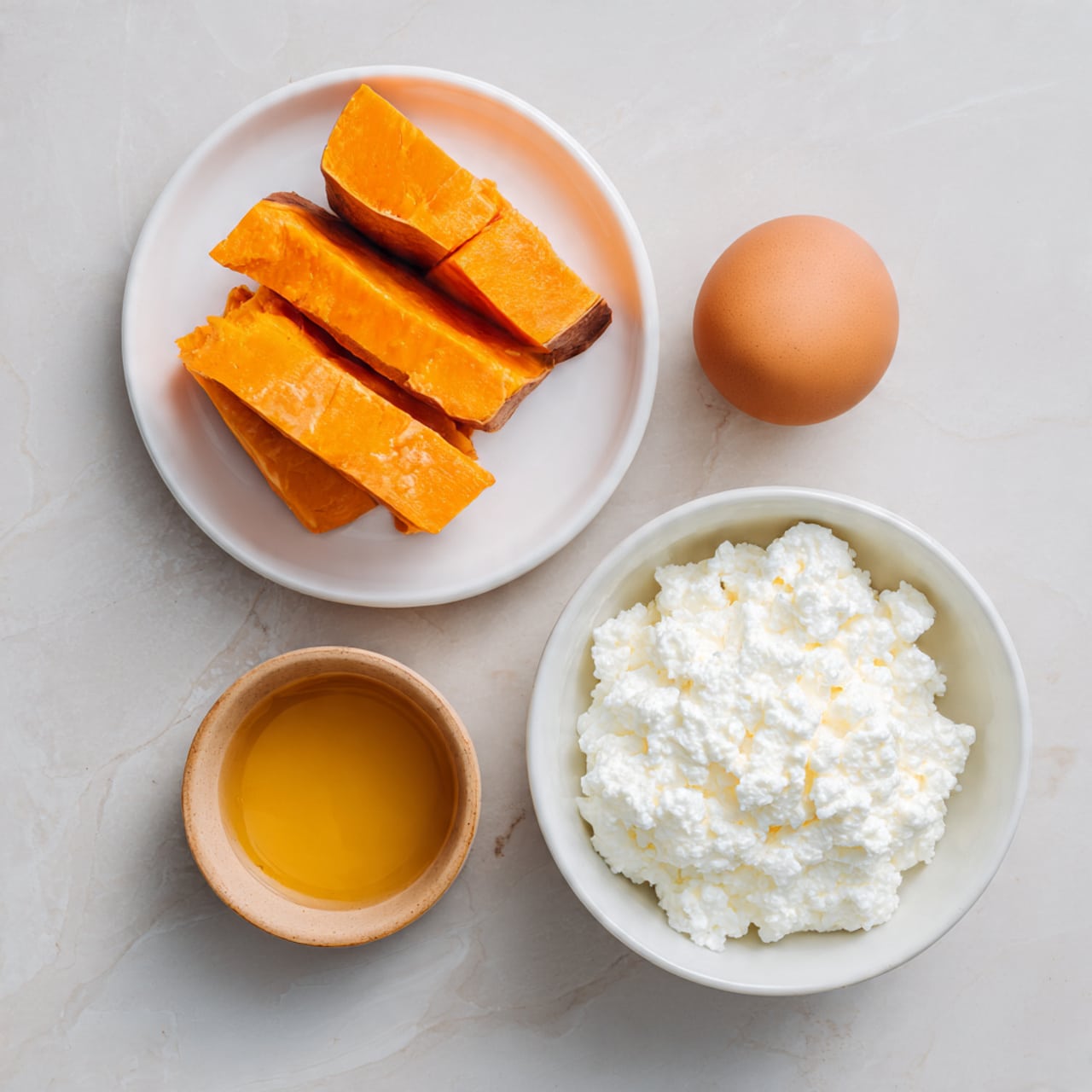 A red round baking pan lined with white parchment paper sits on a white marbled surface. Light yellow batter with a smooth and creamy texture is being poured in a steady stream into the pan, filling it about halfway. The batter forms a soft swirl pattern as it pools at the bottom of the pan. The background is blurred white with soft lighting. photo taken with an iphone --ar 4:5 --v 7