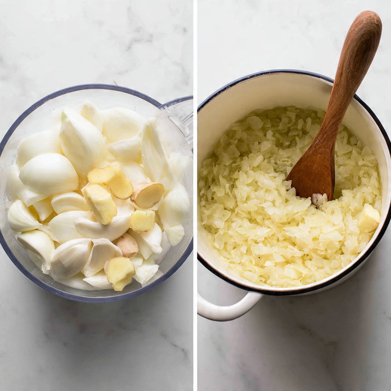 The image is split into two parts. On the left side, there is a clear food processor bowl filled with large white onion pieces, several garlic whole cloves, and small light yellow cubes of peeled ginger. The pieces are piled loosely inside, showing a mix of smooth and textured surfaces with pale colors. On the right side, there is a white pot with a black rim filled with finely cooked onions that look soft, translucent, and light yellow, almost like a thick sauce. A wooden spoon with a rounded tip is resting inside the pot, stirring the onion mixture. The whole scene is set on a white marbled surface. photo taken with an iphone --ar 4:5 --v 7