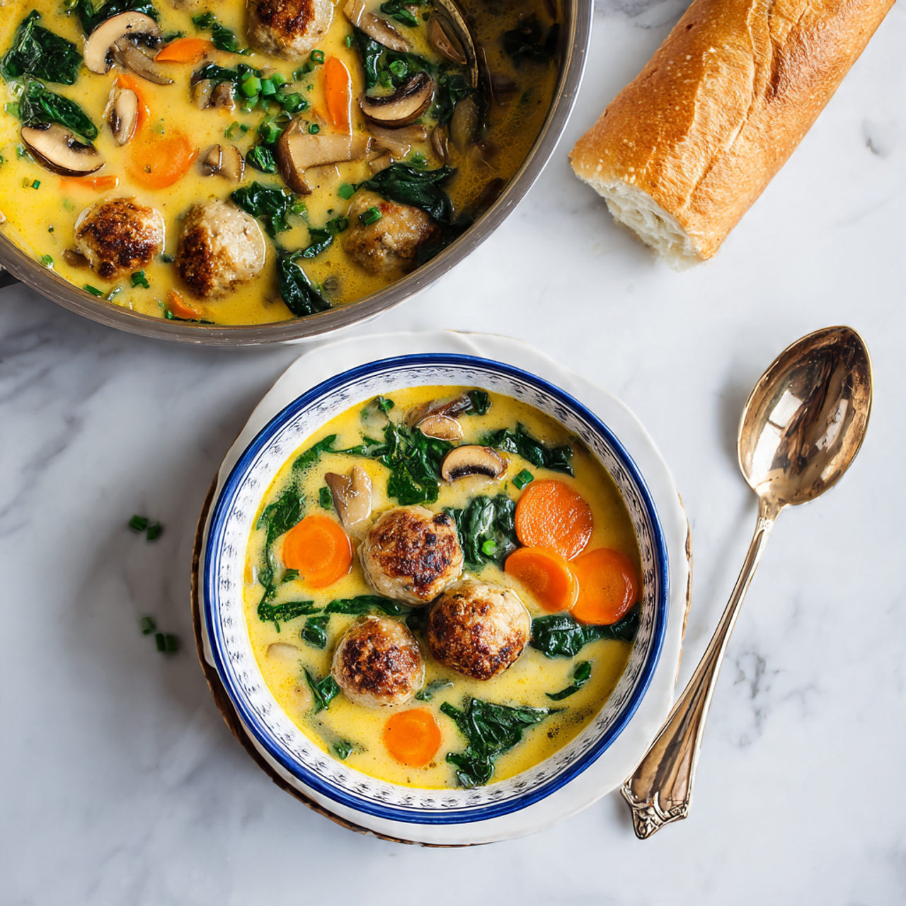 The image shows a white baking tray filled with many small, round meatballs evenly spaced in rows. Each meatball is browned and has bits of green herbs visible on the surface, with some areas appearing slightly shiny from cooked juices. Around and between the meatballs, the tray shows browned spots and small pools of orange-brown grease and seasoning, giving a textured, slightly messy look. The background surface is a white marbled texture. photo taken with an iphone --ar 4:5 --v 7