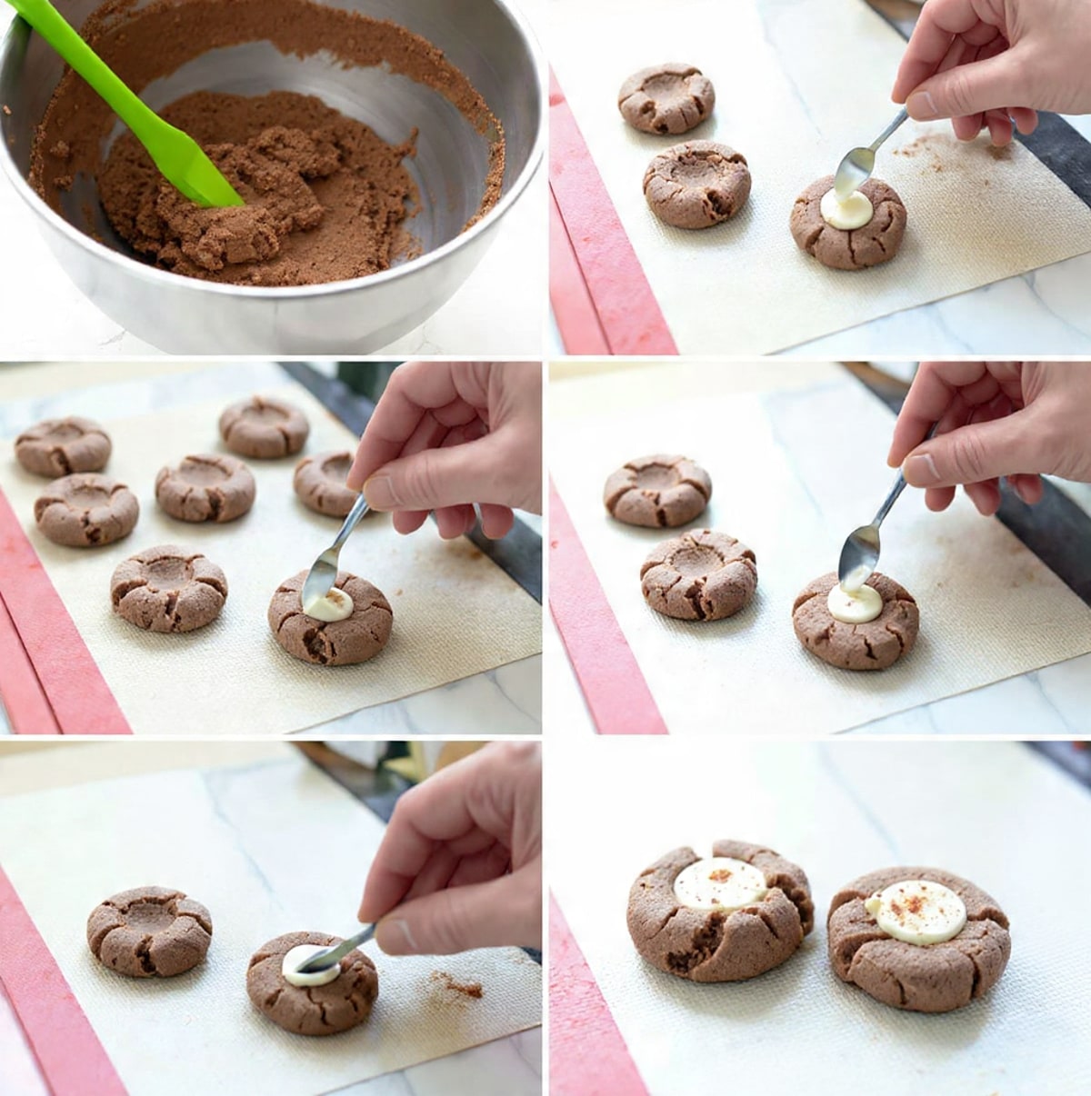 The image shows six steps of making round chocolate cookies with white cream in the center. The first step shows thick chocolate dough inside a metal bowl with a green spatula stirring. The second step shows many rolled chocolate dough balls placed evenly on a white marbled surface covered with a baking mat. The third step shows the dough balls flattened with an indentation in the middle, still on the white marbled surface with the baking mat. The fourth step shows a spoon held by woman's hand drizzling white cream into the center of each cookie. The fifth step shows a shaker held by woman's hand sprinkling brown powder on the white cream-filled cookies. The last step shows a close-up of two cookies, one whole with white cream and brown powder on top, and one broken in half to show its soft texture inside, all on the white marbled surface. Photo taken with an iphone --ar 4:5 --v 7