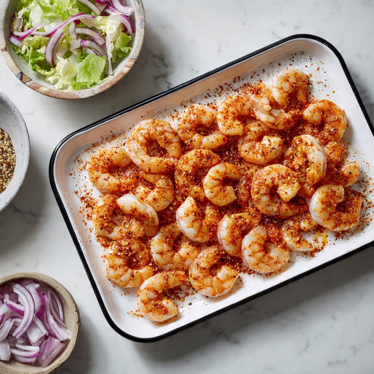 A white rectangular tray with a black rim holds a layer of raw shrimp coated in a reddish spice mix. The shrimp are spread evenly across the tray, showing a contrast between the grayish raw shrimp and the orange-red seasoning. The tray sits on a white marbled surface, with small bowls nearby containing chopped vegetables and red onion, adding subtle background color. Photo taken with an iphone --ar 4:5 --v 7