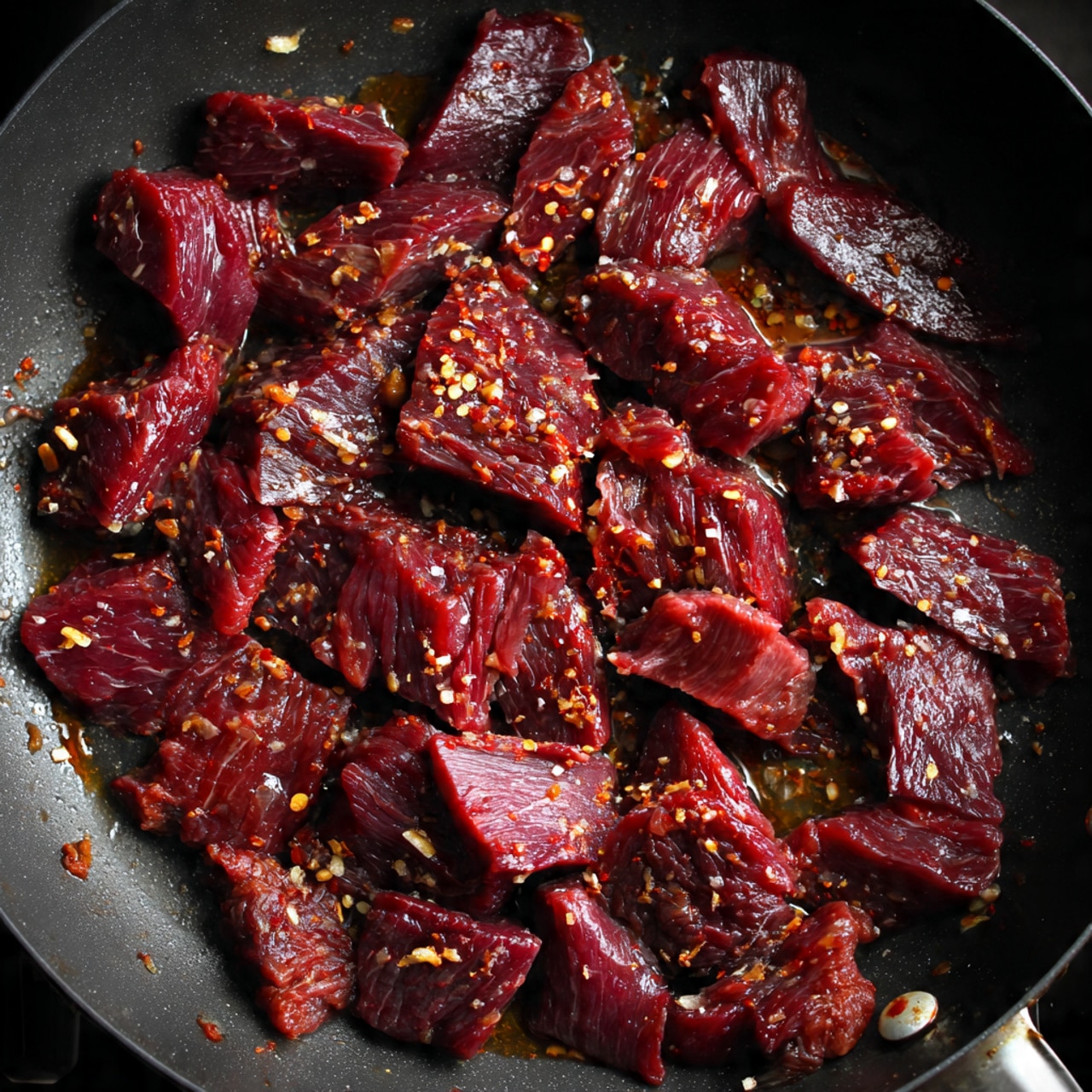 Inside a dark cooking pot placed on a white marbled surface, there is one layer of raw, deep red meat pieces spread evenly with some small white fat spots. The meat appears marinated with visible bits of red seasoning and pepper flakes. The texture looks fresh and slightly glossy from the marinade. The pot has a black handle on one side that is partly in view. photo taken with an iphone --ar 4:5 --v 7