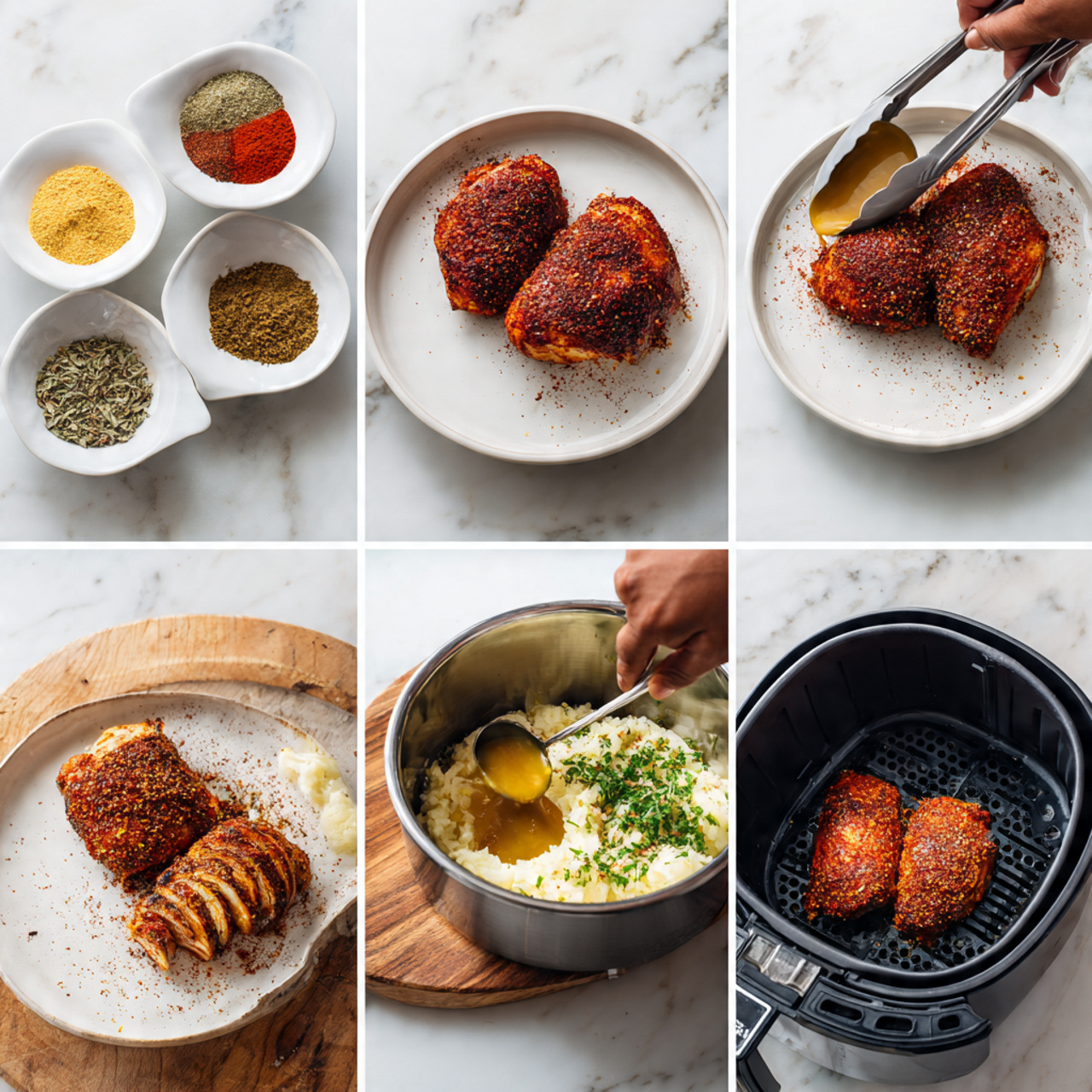 The image shows six steps of cooking spicy roasted chicken. In the first frame, a white bowl holds separate piles of colorful spices including red, brown, yellow, white, and green. The second frame shows two chicken pieces covered fully in a reddish-brown spice mix, sitting on a white plate. The third frame captures a close-up of the chicken being placed with tongs inside an air fryer basket, dark in color with the fryer basket texture visible. The fourth frame shows a metal spoon holding golden sauce over a dark cooking pot filled with the same sauce. The fifth frame displays sliced chicken with a crusty reddish-brown spice crust laid over a wooden board. The last frame shows the sliced chicken served over mashed potatoes garnished with green herbs, a woman's hand pouring sauce on top. The background is a white marbled surface in all frames. photo taken with an iphone --ar 4:5 --v 7