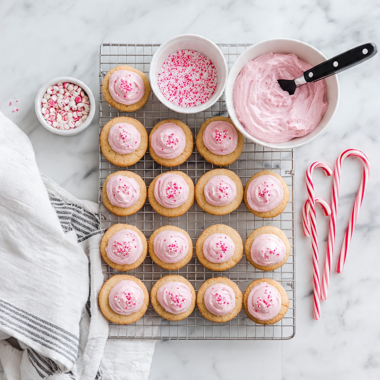 A white wire cooling rack filled with two rows of small, round, light beige cookies at the bottom and one row near the top spread with pink frosting, with some pink sprinkles on top of the frosting. Above the cookies is a small white ceramic bowl with pink sprinkles and a white bowl with pink frosting and a black spreading knife resting in it. To the left, a white kitchen towel with gray stripes is partially visible on a white marbled surface, along with two candy canes laid down beside it. photo taken with an iphone --ar 4:5 --v 7