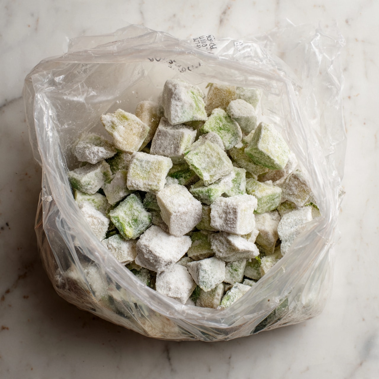 A clear plastic bag filled with small, frozen, white and pale green chunks that appear powdery and frosty, sitting on a white marbled surface. The bag is somewhat crinkled and seals at the top with visible folds, with some text faintly seen near the top. The frozen pieces inside vary slightly in size and shape but are mostly small cubes or uneven chunks, coated in frost and ice crystals, giving a textured look to the contents. Photo taken with an iphone --ar 4:5 --v 7