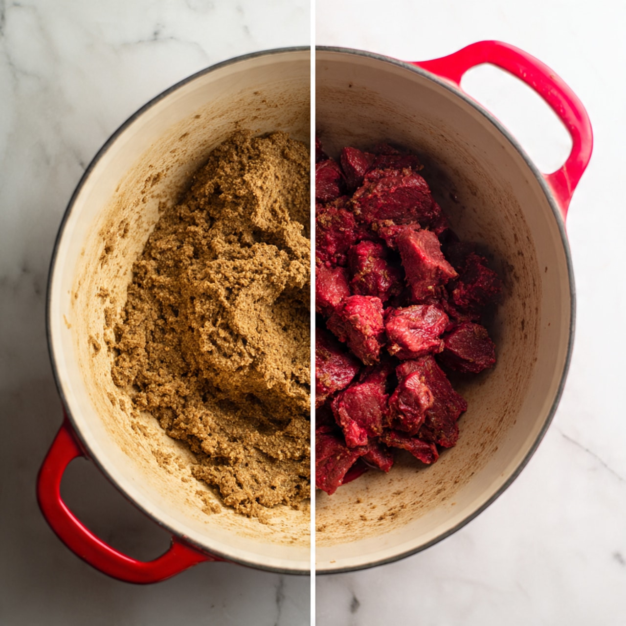 The image shows two views inside a large white pot with a red handle on a white marbled surface. The left side shows a thick, rough-textured brown paste spread and stuck on the bottom and sides of the pot. The texture looks grainy and uneven. The right side of the pot contains chunks of raw dark red meat mixed with the same brown paste from the left, coating the meat pieces well. The pot's inside surface shows some brown residue around the edges. photo taken with an iphone --ar 4:5 --v 7