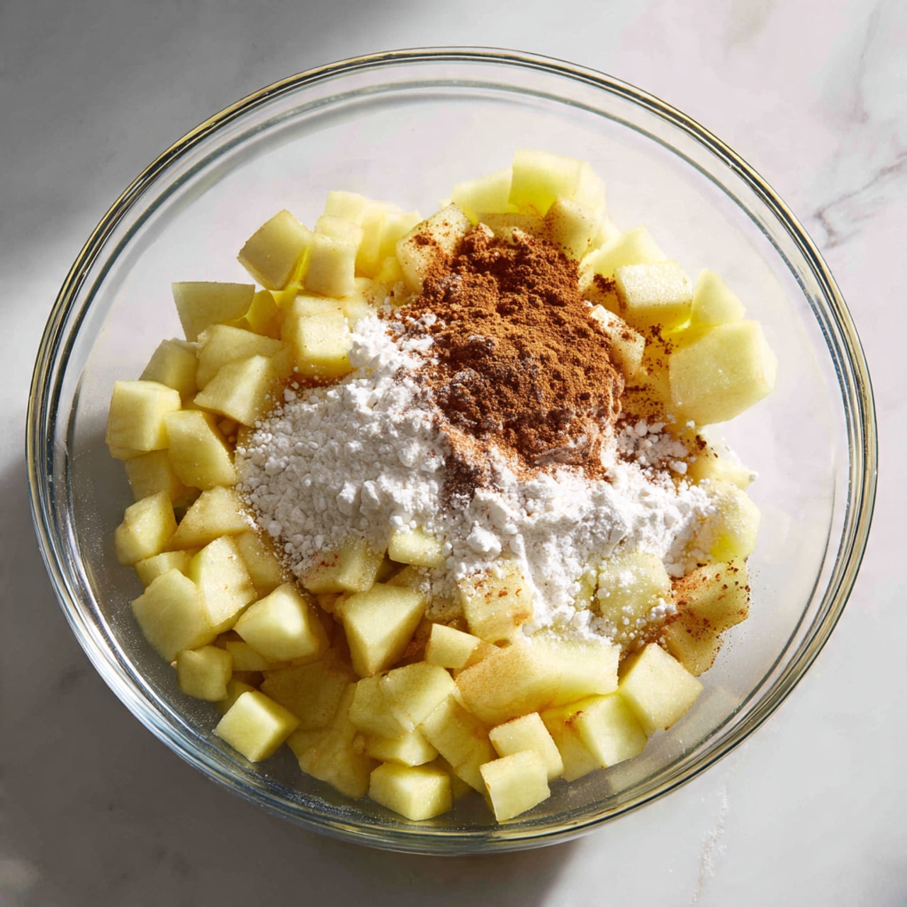 A clear glass bowl filled with small, pale yellow diced apples forms the base layer. On top of the apples, there is a generous sprinkle of white powder that looks like flour, next to a mound of light brown cinnamon powder, and some white sugar scattered around. The bowl is placed on a white marbled surface, and soft natural light highlights the textures and colors inside the bowl. photo taken with an iphone --ar 4:5 --v 7