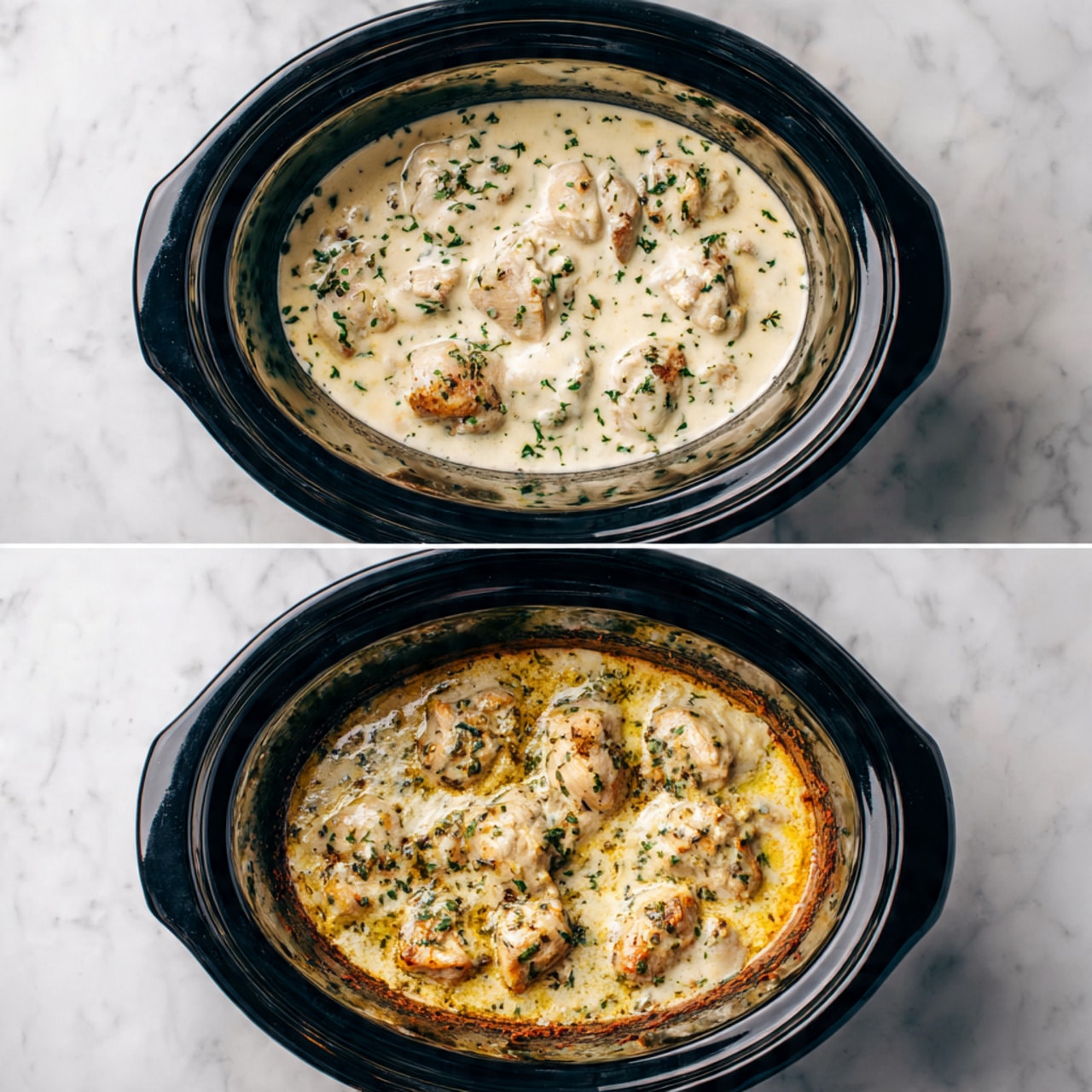 The dish is shown in two layers inside a black slow cooker. The first layer is a creamy rice mix with light beige and specks of black pepper, topped evenly with a bright orange shredded cheese. In the second image, the cheese has melted into the rice, creating a smooth, glossy, light orange layer mixed into the rice. Bright green fresh parsley leaves and small pieces are sprinkled on top, adding color contrast. The slow cooker sits on a white marbled surface. photo taken with an iphone --ar 4:5 --v 7