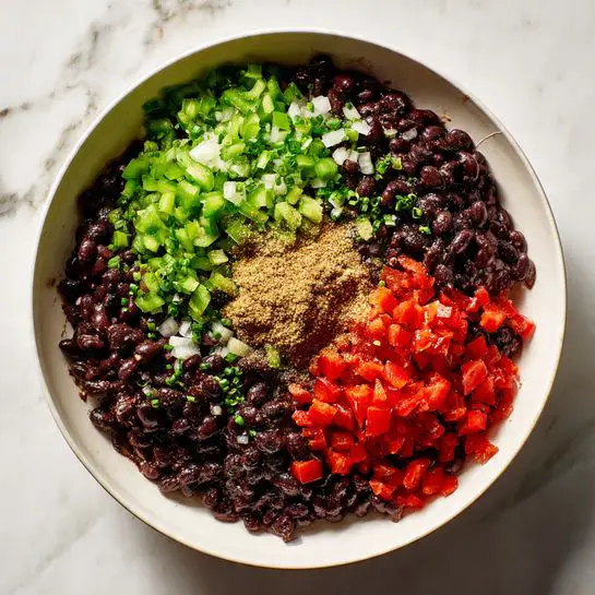 A white shallow pan is filled with layers of ingredients: the bottom is a dark, thick black bean sauce with small pieces of chopped white onion mixed in, giving a contrast of color. On top of this base, there are three main piles arranged closely—bright green chopped peppers on the left, red diced tomatoes in the middle, and a large heap of shiny black beans on the right. In the center of these piles, there is a sprinkle of light brown powder seasoning. A few tiny bits of green peppers and onions are scattered around the edges. The scene is on a white marbled surface. photo taken with an iphone --ar 4:5 --v 7