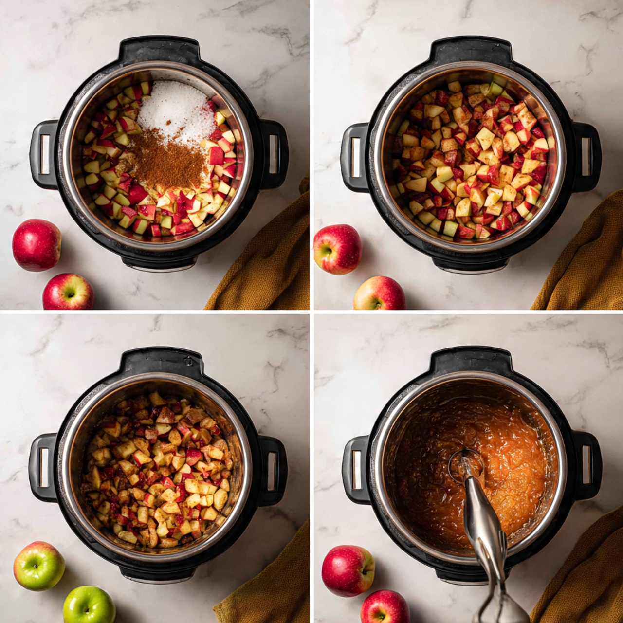 The image shows a four-step process in a silver Instant Pot with black handles, placed on a white marbled surface. In the first step, the pot is filled with many small chunks of red and green apple pieces mixed with white sugar, brown cinnamon powder, and ground nutmeg layered on top in the center. The second step shows the apples and spices mixed together, filling the pot with a colorful mix of red and green apple cubes coated with spices. In the third step, the apples have cooked down and look softer, turning a warm orange-brown color in uneven chunks while still filling the pot. The fourth step reveals a smooth, thick orange-brown apple sauce inside the pot, being stirred with a metal immersion blender. Green and red apples are seen near the pot in all images, with a mustard-colored cloth near the bottom corners. Photo taken with an iphone --ar 4:5 --v 7