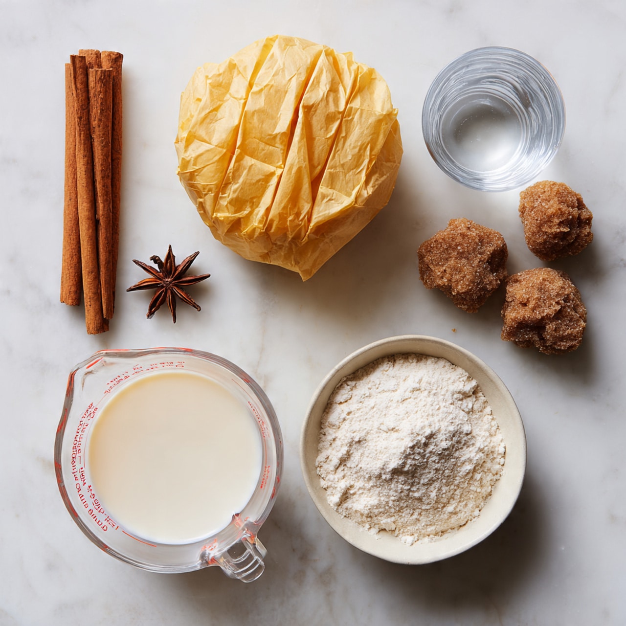 The image shows several cooking ingredients placed on a white marbled surface arranged neatly. In the center is a round, segmented brown sugar block wrapped in yellow paper with edges crumpled, giving it a textured look. To its left is a tall cinnamon stick and a single star anise with a deep brown color and rough surface. Below the sugar and spices is a clear measuring cup filled with smooth, white liquid cream. Next to it on the right is a small, white bowl filled with fine, white flour that looks soft and powdery. Above the flour are two irregular brown sugar lumps with a rough texture. In the top right corner is a small clear glass cup filled with clean water. All items are spaced apart and seen from above. photo taken with an iphone --ar 4:5 --v 7