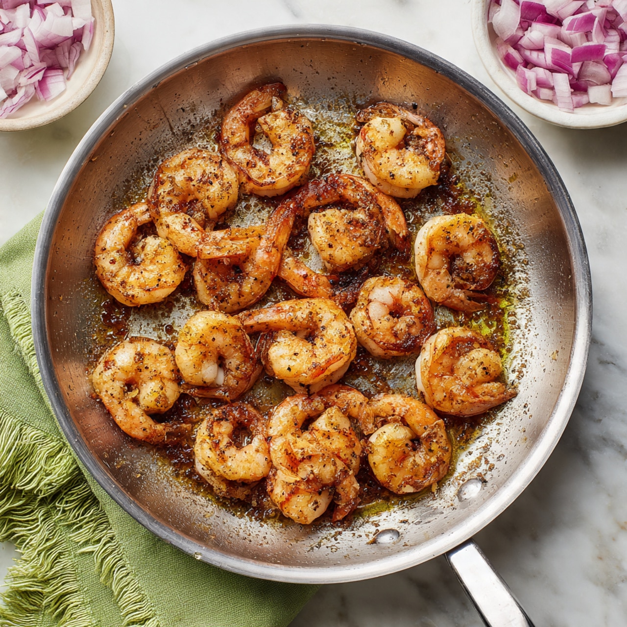 A silver frying pan filled with a single layer of cooked shrimp, each shrimp curled and browned with a slightly crispy texture on the outside. The shrimp are spread evenly and sit in a shallow layer of browned oil and spices that have caramelized onto the pan’s surface. The pan rests on a white marbled background, with a green cloth with fringes partially visible at the edge. There is a white bowl with chopped red onions and a small section of another white bowl at the corners of the image. Photo taken with an iphone --ar 4:5 --v 7