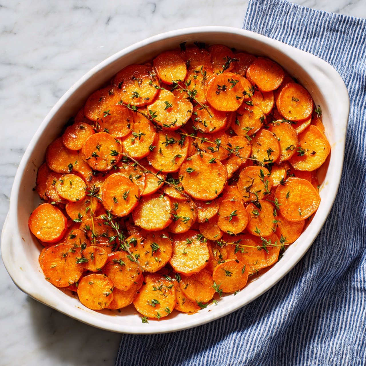 An oval white baking dish filled with one layer of thin, round orange sweet potato slices spread evenly across the bottom with small green thyme leaves scattered over them. The dish rests on a white marbled surface with some thyme sprigs around it and a blue and white striped cloth nearby. Photo taken with an iphone --ar 4:5 --v 7