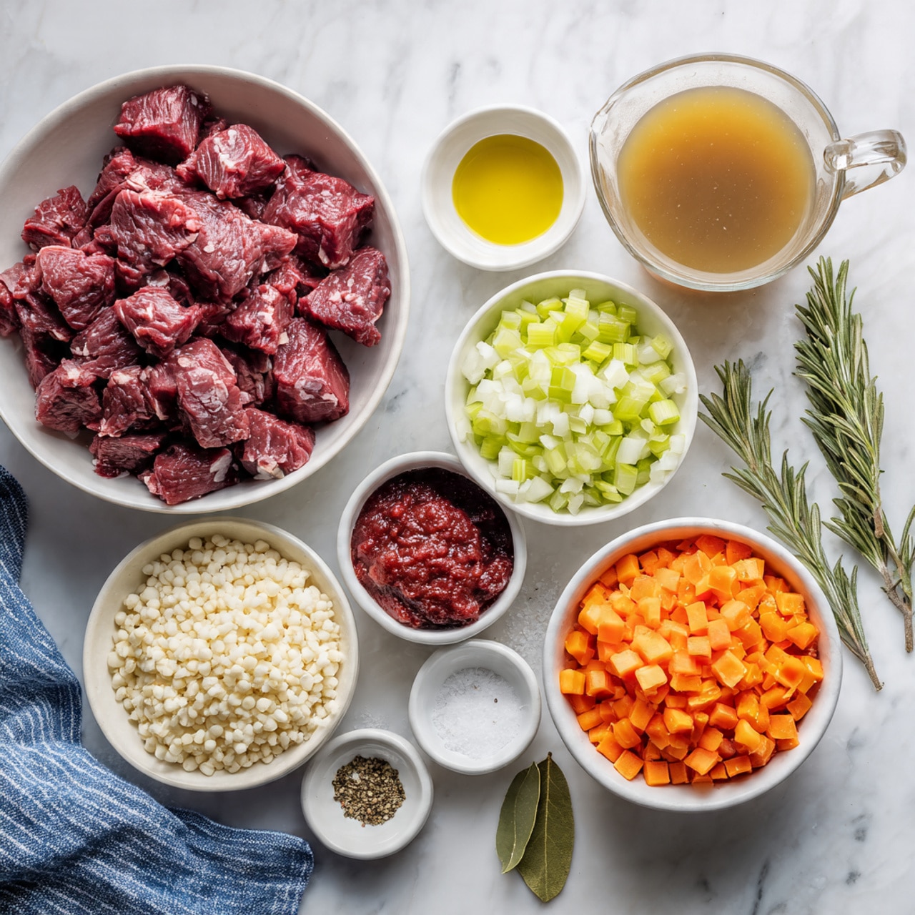 The image shows a flat lay of ingredients for a beef stew arranged neatly on a white marbled surface. There is a large white bowl on the left filled with raw dark red beef stew meat chunks. To the right of that, several smaller white bowls are placed with finely chopped white onions topped with minced garlic, pale green diced celery, bright orange chopped carrots, and creamy pale pearl barley grains. A small white bowl holds deep red tomato paste. Another small white bowl contains golden olive oil with flecks of black pepper. A glass jug with light brown beef broth is on the top right. Two tiny bowls hold salt and pepper, and another small bowl contains dried garlic powder along with fresh rosemary and bay leaves. A folded blue and white striped cloth is placed near the bottom right. Photo taken with an iphone --ar 4:5 --v 7