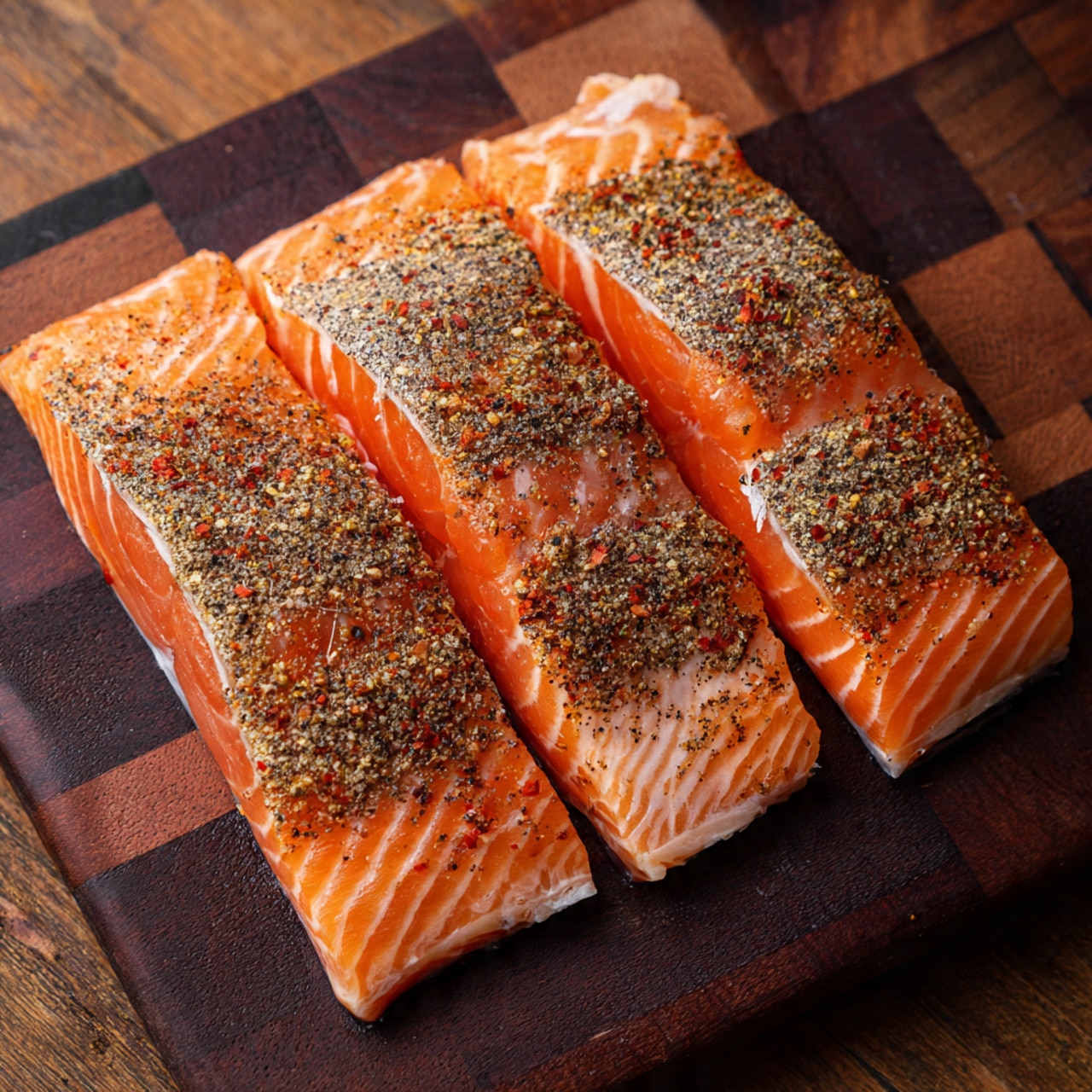 Four raw salmon fillets are laid side by side on a dark wooden chopping board with a checkered pattern. Each fillet has a rich orange-pink color with visible white lines of fat running through them. The top surfaces of the fillets are sprinkled evenly with a blend of fine black and red spices, creating a speckled texture. The fillets are arranged in neat parallel rows, filling the image with their vibrant, fresh look. Photo taken with an iphone --ar 4:5 --v 7