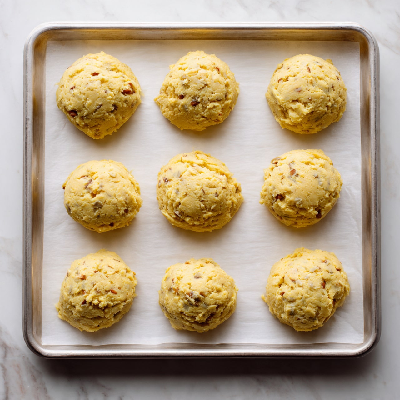 An overhead view of round, pale yellow cookie dough portions placed on white parchment paper that covers a baking tray. Each dough piece has a rough, uneven texture with visible oats and small lumps, spaced evenly with some dough slightly touching others. The baking tray edges are visible, and the scene is set on a white marbled background. photo taken with an iphone --ar 4:5 --v 7