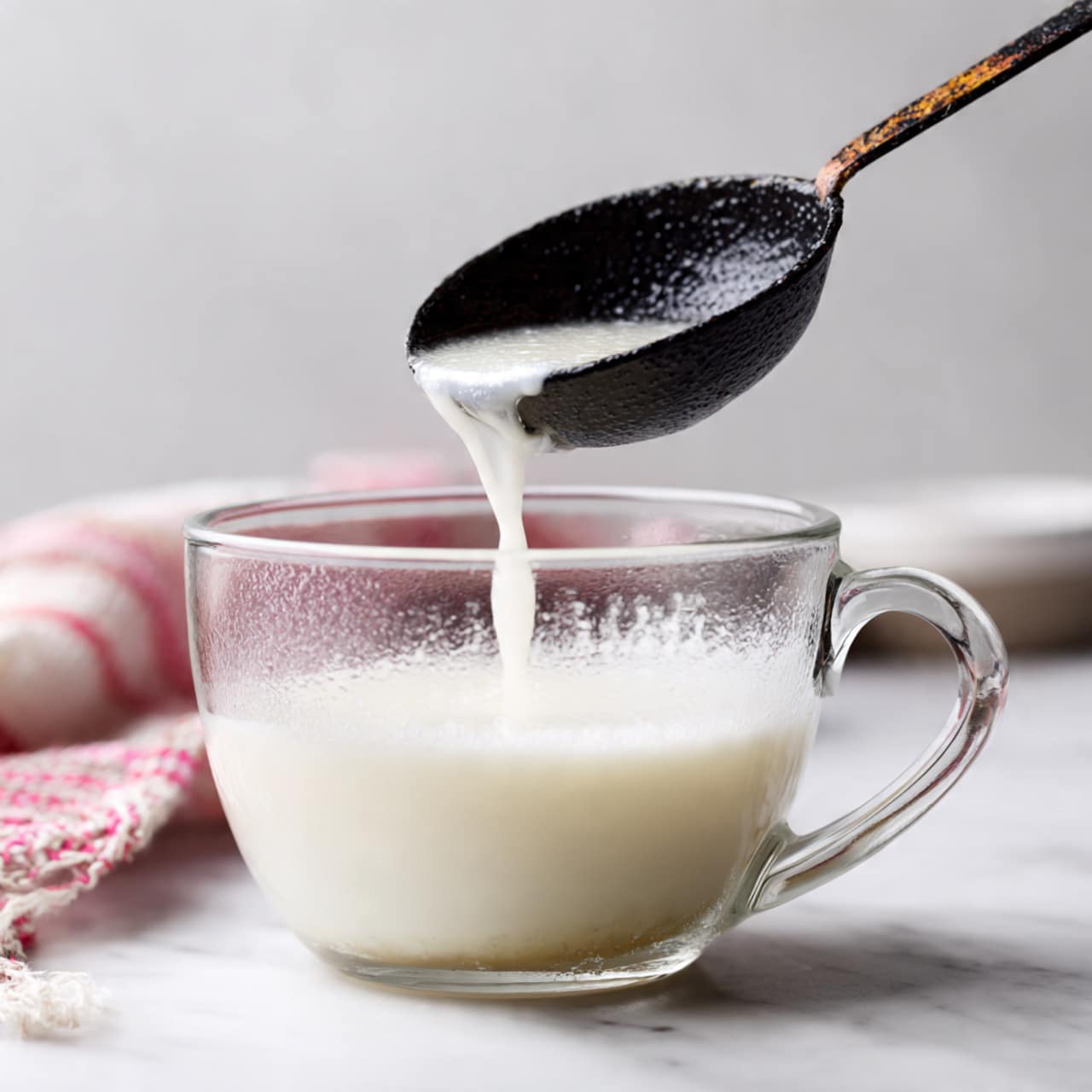 A close-up view of a black ladle pouring a thick white liquid into a clear glass cup, with the cup filled halfway. The ladle has a textured, slightly rusty handle and the scene is set on a white marbled surface. The background is softly blurred and white, giving focus to the smooth, creamy liquid flowing in a steady stream. There is a hint of a pink and white cloth in the back left side. photo taken with an iphone --ar 4:5 --v 7