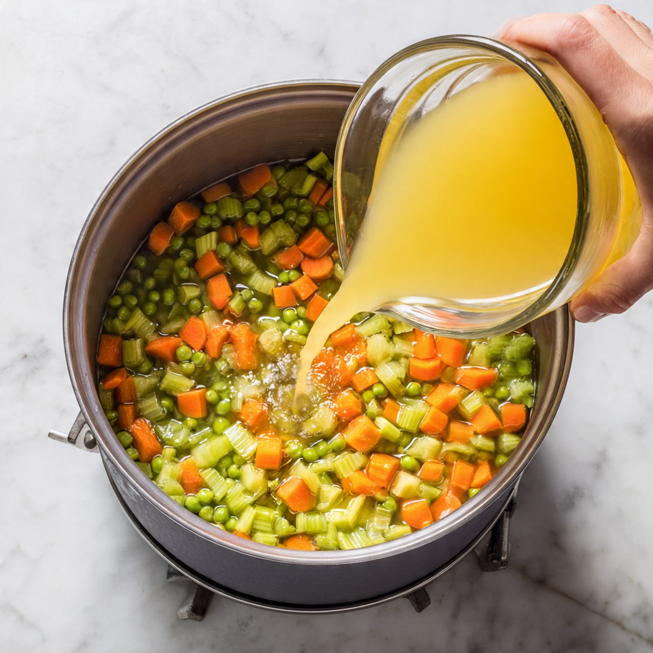 A gray cooking pot on a white marbled surface holds a colorful mixture. At the bottom is a layer of green split peas with their round shape and pale green color, scattered evenly. Mixed with the peas are bright orange carrot cubes and some small light green celery pieces, all floating in a clear, light yellow broth. A woman's hand pours more of this broth from a glass container into the pot, with the liquid mid-pour creating a shiny stream. The metal stove below the pot is partly visible in the background. photo taken with an iphone --ar 4:5 --v 7