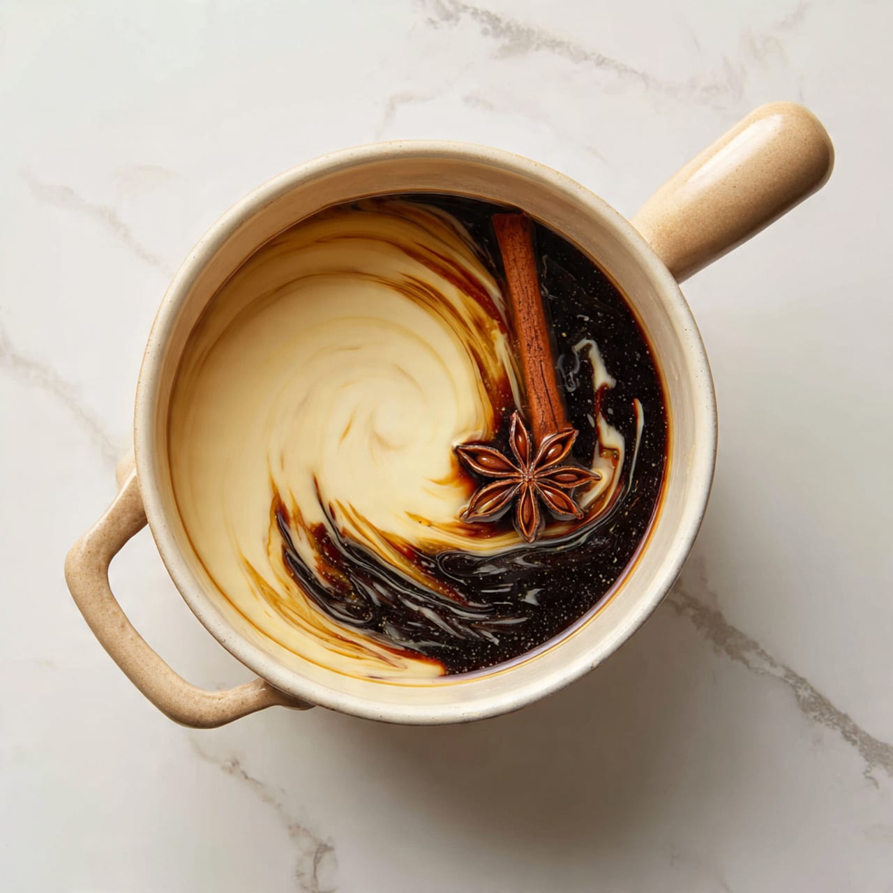 A light cream liquid is being poured into a white pot containing a dark brown liquid with a cinnamon stick and a star anise floating on top, placed on a white marbled surface. The pot has two beige handles, one at the near side at the bottom and the other at the top center, and inside, the light cream is swirling into the darker liquid creating a marbled effect. Photo taken with an iphone --ar 4:5 --v 7