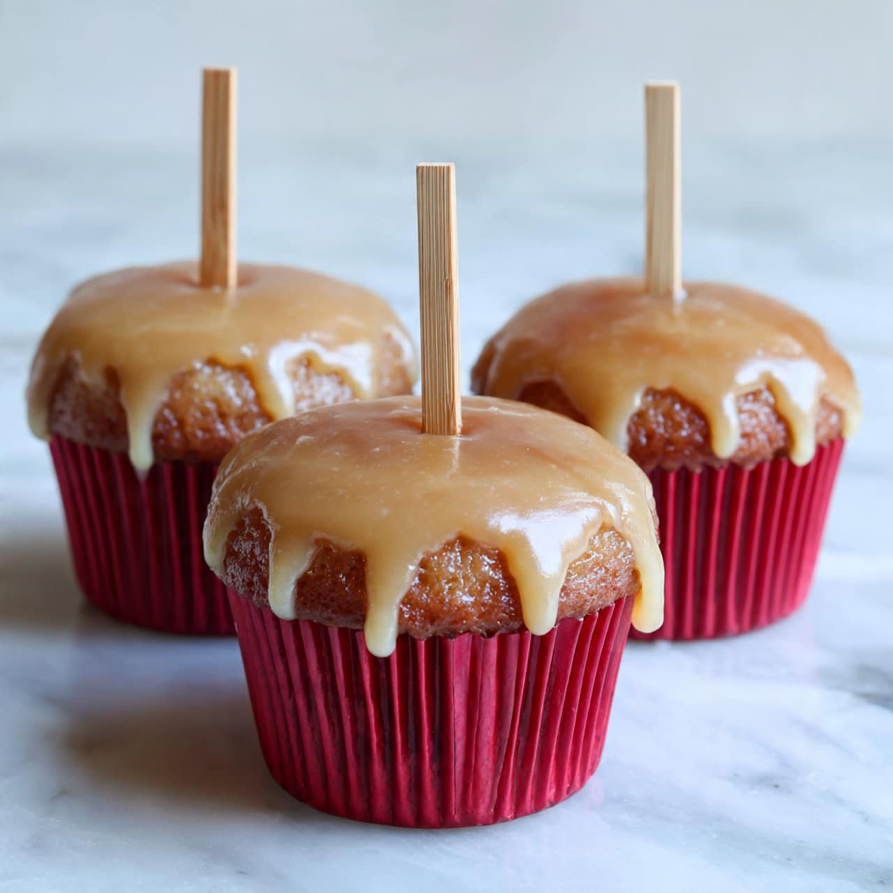 There are three cupcakes in red paper liners, each topped with a smooth, shiny layer of light brown caramel glaze that drips slightly over the edges. Each cupcake has a wooden stick inserted vertically in the center, standing straight up. The cupcakes are arranged closely together on a white marbled surface, with soft natural light highlighting their texture and warm colors. photo taken with an iphone --ar 4:5 --v 7
