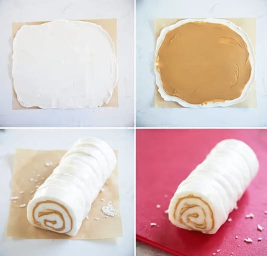 The image shows four steps of making a rolled dessert on a white marbled surface. First, a thick white layer is spread evenly in a rounded rectangle shape on parchment paper. Second, a smooth layer of light brown spread is evenly spread over the white layer, leaving a white border visible. Third, one edge of the white layer is rolled tightly over the spread, forming a white tube on the brown layer. Fourth, the rolled dessert is placed on a red surface, showing its spiral shape with alternating white and brown layers inside. The texture looks soft and smooth, with small white flakes around the roll. Photo taken with an iphone --ar 4:5 --v 7
