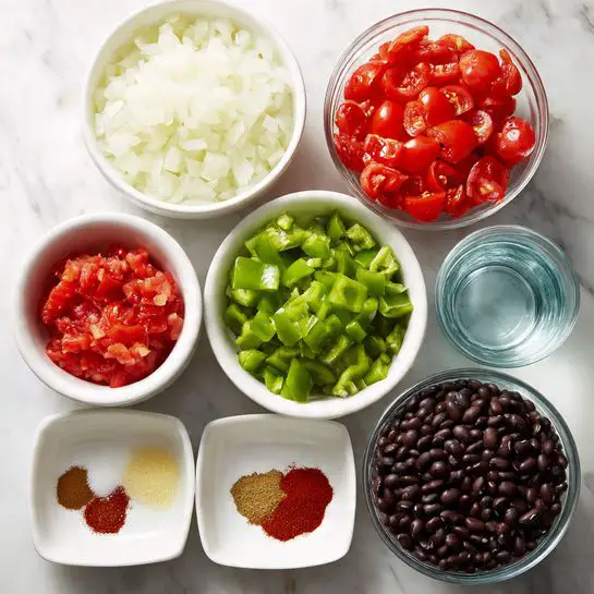 The image shows several small white bowls and a glass jar arranged on a white marbled surface. One white bowl holds chopped white onions with a smooth texture. Next to it is a glass bowl filled with whole crushed red tomatoes, bright and juicy. A white bowl contains chopped green bell peppers, vibrant and fresh. Another white bowl is filled with green chilies, slightly chunky and glossy. A small white bowl holds minced garlic, pale and fine. There is a white dish with three separate piles of spices: light brown cumin, reddish-brown chili powder, and bright red cayenne powder. A clear glass jar in the middle contains water, and next to it is a glass container filled with whole black beans, dark and shiny. Everything is neatly arranged, giving a clear view of each ingredient. photo taken with an iphone --ar 4:5 --v 7