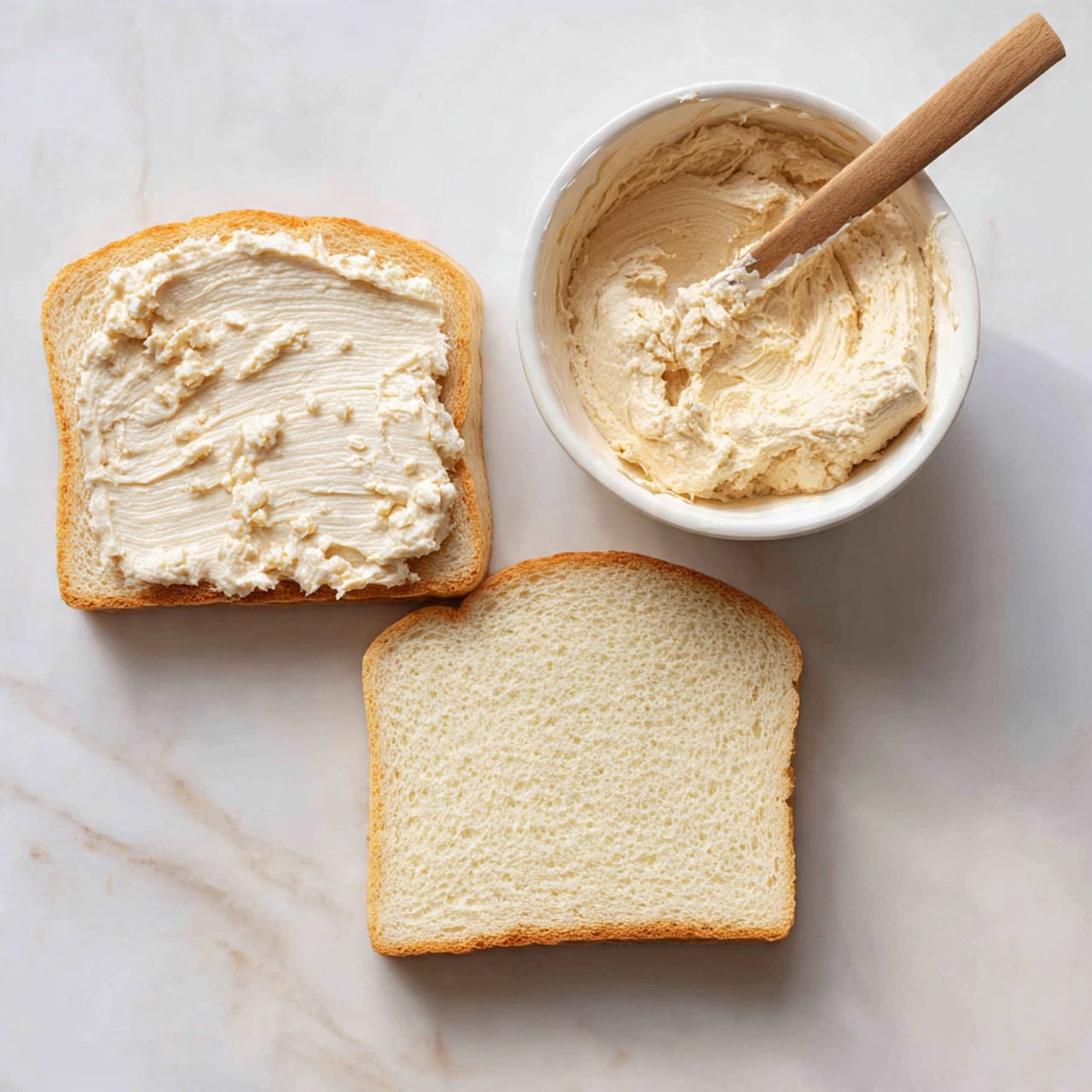 The image shows two slices of soft white bread on a white marbled surface. The left slice is topped with a thick, creamy, light beige spread with visible small chunks, giving it a textured look. The right slice is plain, showing the smooth, pale yellow inside of the bread. Above the slices, there is a white bowl filled with more of the same creamy spread with a wooden spoon resting inside. The scene is bright and clean. photo taken with an iphone --ar 4:5 --v 7