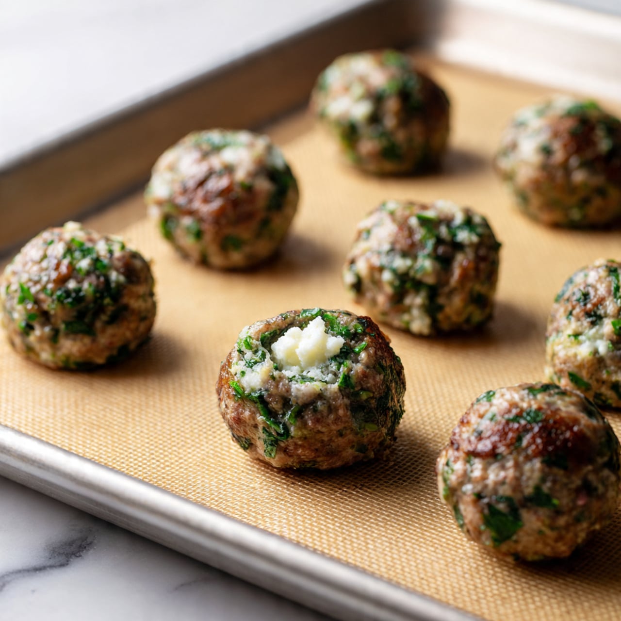 The image shows nine round meatballs placed evenly on a tan silicone baking mat on a silver tray. Eight meatballs are fully round and mixed with green herbs and white bits, while one meatball in the front center is open on top, revealing a small mound of white cheese in the middle. The background is softly blurred with a white marbled surface beneath the tray. photo taken with an iphone --ar 4:5 --v 7