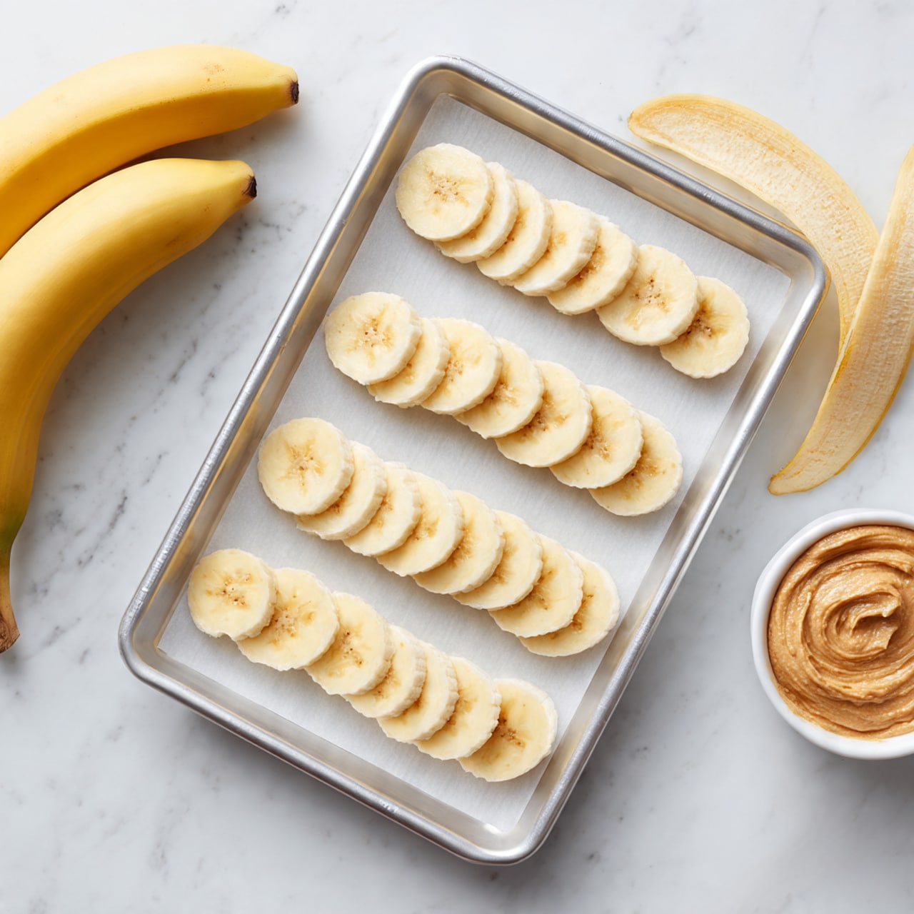 A silver baking tray filled with five neat rows of thin banana slices on white paper, each slice showing a soft yellow color with light brown spots at the center. To the left of the tray, a whole yellow banana and a banana peel rest on a white marbled surface. The bottom right corner shows part of a small white bowl containing a creamy, light brown spread. The image is bright and clean, capturing the textures of the banana slices and the smooth tray surface. photo taken with an iphone --ar 4:5 --v 7