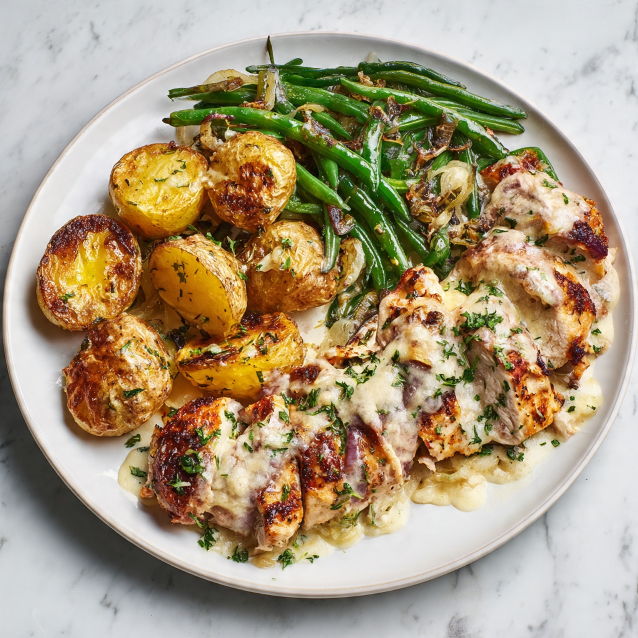 The image shows a white plate placed on a white marbled surface, filled with three main layers: green beans in the back, golden-brown roasted potatoes in the front left, and pieces of browned chicken with melted white cheese sauce covering parts of the chicken and potatoes. Fresh green herbs are sprinkled on top of the chicken and sauce for color contrast. The textures show the crispy edges of the chicken and potatoes alongside the smooth, creamy cheese sauce. The green beans look fresh and lightly cooked. photo taken with an iphone --ar 4:5 --v 7