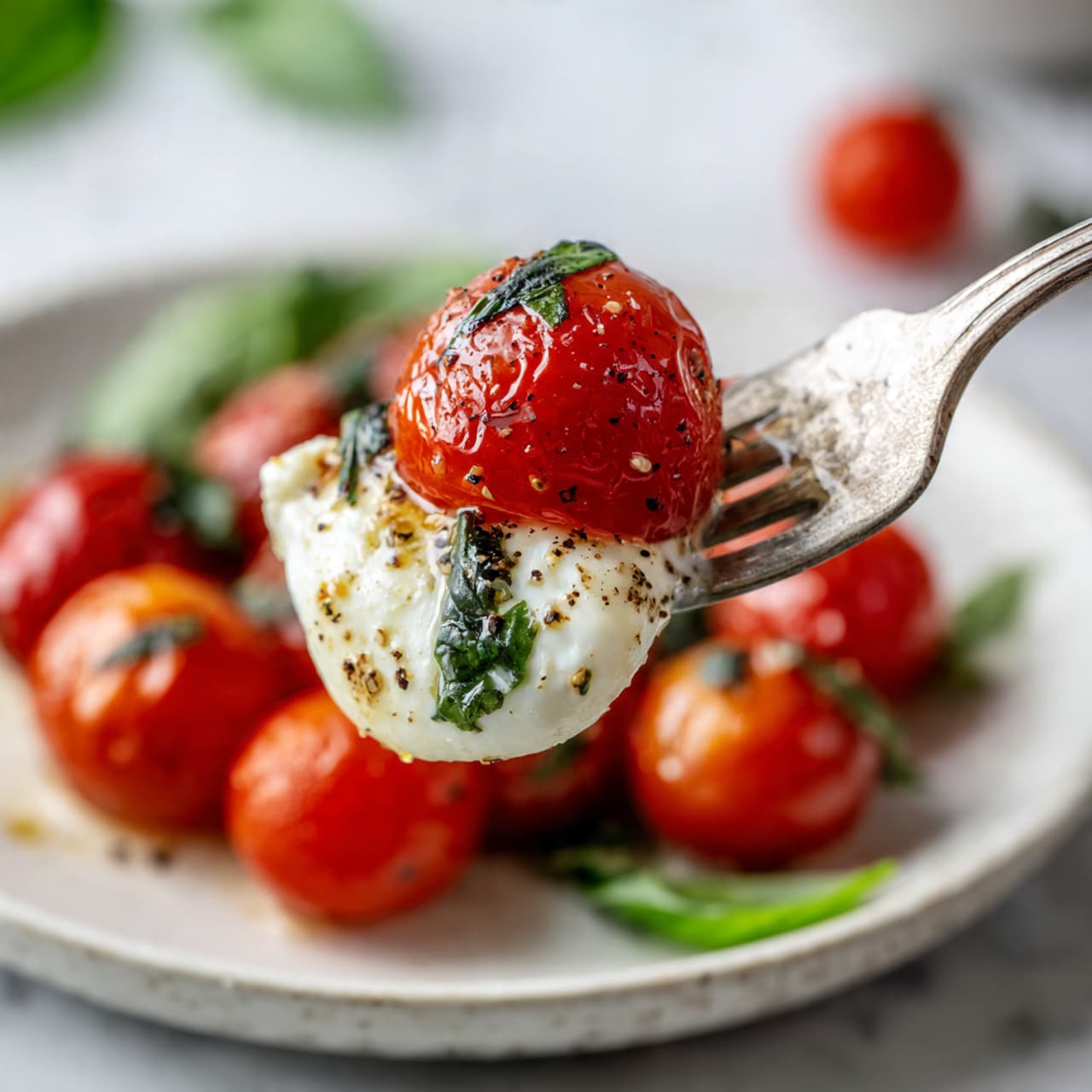 A silver fork holds one cherry tomato half, bright red with a shiny surface and small black pepper specks, topped with a small piece of soft, white melted cheese that has light golden brown spots, along with a thin strip of fresh green basil underneath. In the blurred background, more cherry tomatoes and greens are visible on a white plate resting on a white marbled surface. photo taken with an iphone --ar 4:5 --v 7