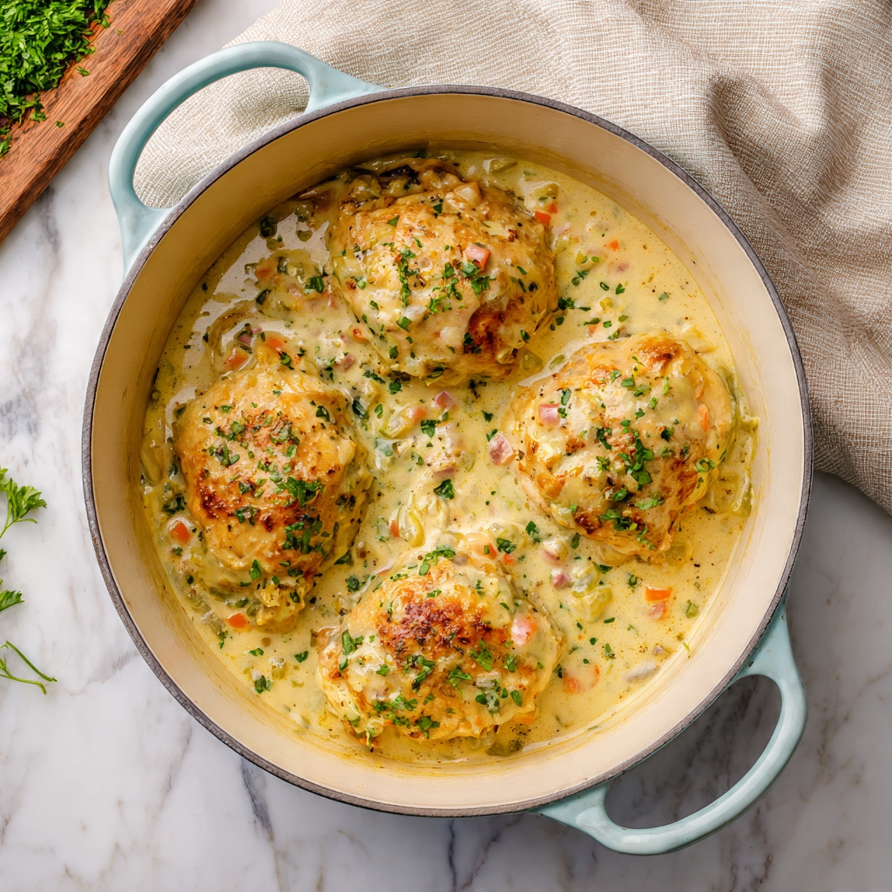 The image shows a white round pot with light blue handles filled with four pieces of cooked chicken in a thick cream sauce. The creamy sauce is pale yellow with small bits of green and orange vegetables mixed in, giving texture to the surface. The chicken pieces are slightly golden and sit partly submerged in the sauce. The pot is placed on a white marbled surface with part of a beige cloth and a wooden board with chopped green herbs visible in the top left corner. Photo taken with an iphone --ar 4:5 --v 7