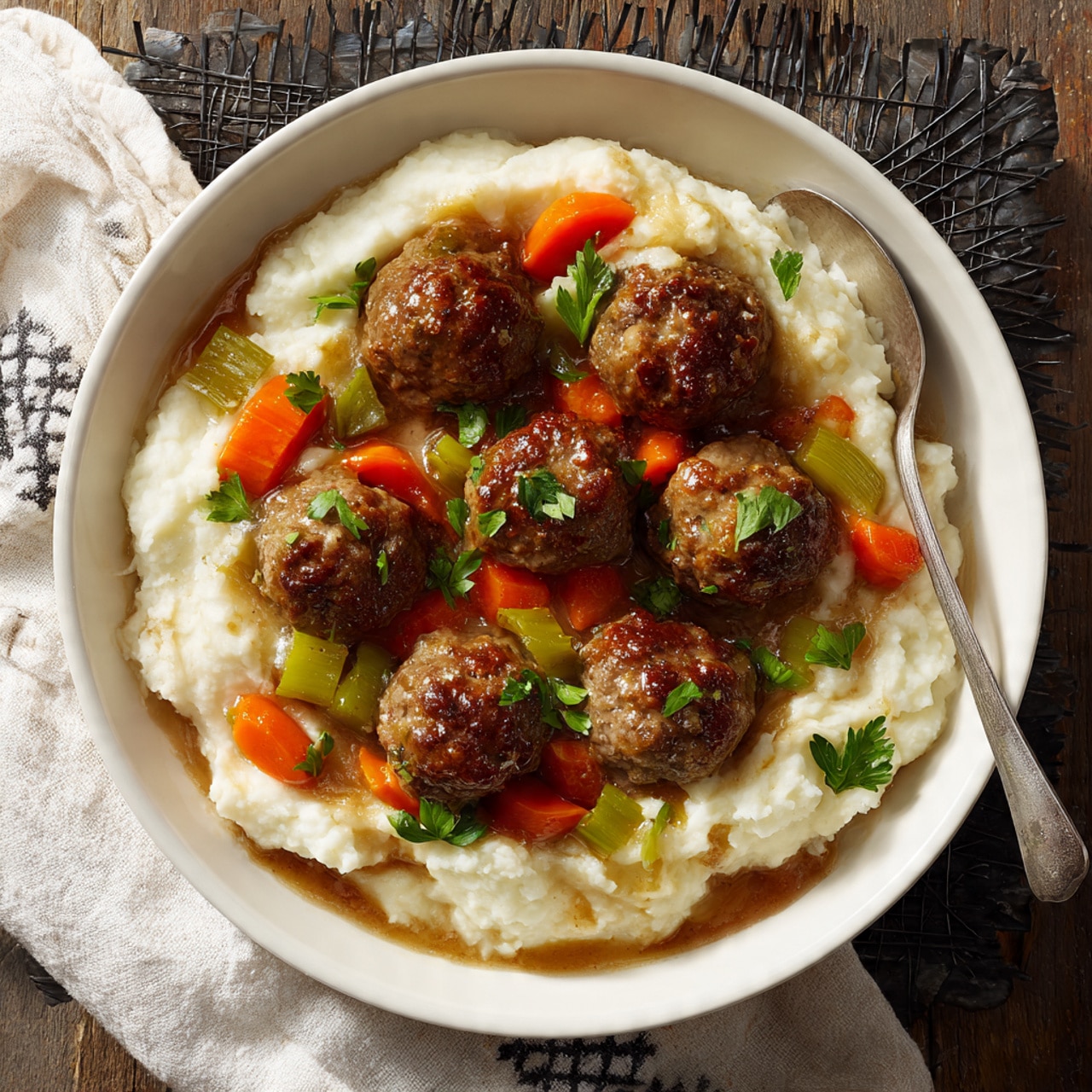 A white bowl filled with creamy mashed potatoes as the base layer, topped with brown meatballs placed evenly on top. Around the meatballs, there are pieces of cooked orange carrots and green celery with a rich brown sauce covering parts of the meatballs and vegetables. Small green parsley leaves are scattered on the dish as garnish. The bowl is placed on a dark wire grid with a white patterned cloth partially visible in the background. A silver spoon rests inside the bowl. Photo taken with an iphone --ar 4:5 --v 7