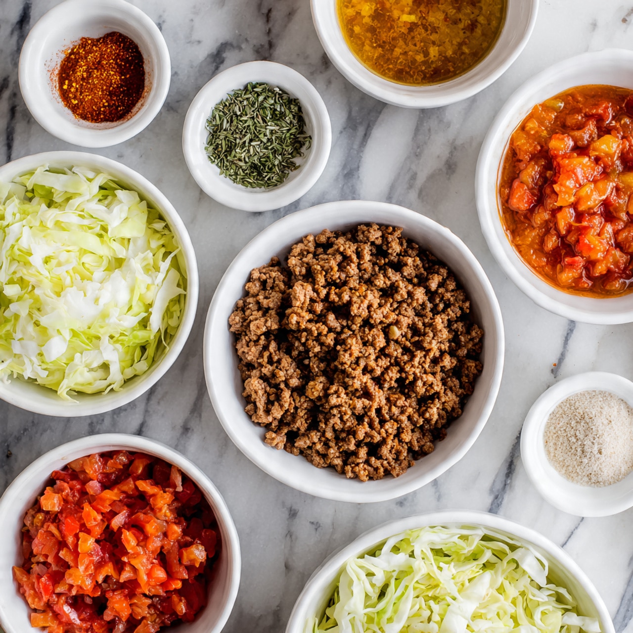 The image shows a close-up of a brown bowl filled with a cooked dish of ground meat and cabbage pieces. The dish has visible layers of soft, translucent green cabbage leaves mixed with small chunks of browned ground meat and bits of diced tomatoes in a thick, reddish-brown sauce. The cabbage leaves are folded and spread on top and through the meat mixture, creating a textured look with shiny, moist surfaces and some visible veins on the leaves. The bowl sits on a white marbled surface. photo taken with an iphone --ar 4:5 --v 7