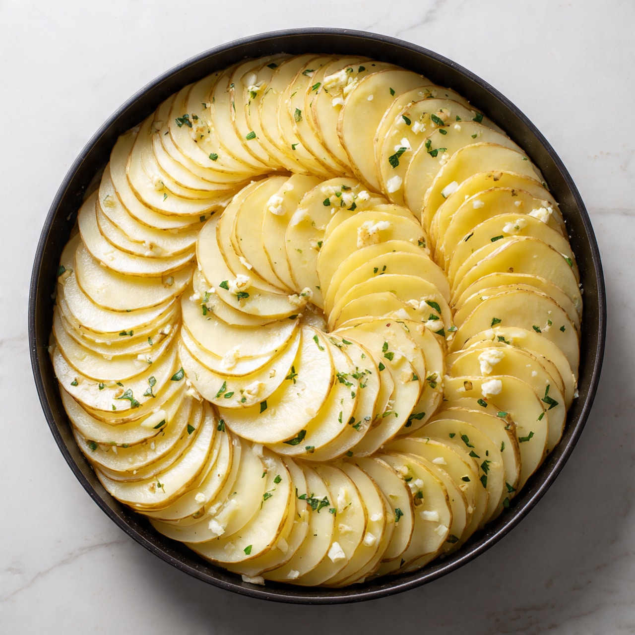 A round black pan holds thin yellow slices of potato layered in overlapping circles, starting from the edge and moving towards the center. The potatoes have a smooth texture with small white bits of garlic and bits of green herbs sprinkled evenly across the surface. The pan sits on a white marbled background. The photo taken with an iphone --ar 4:5 --v 7