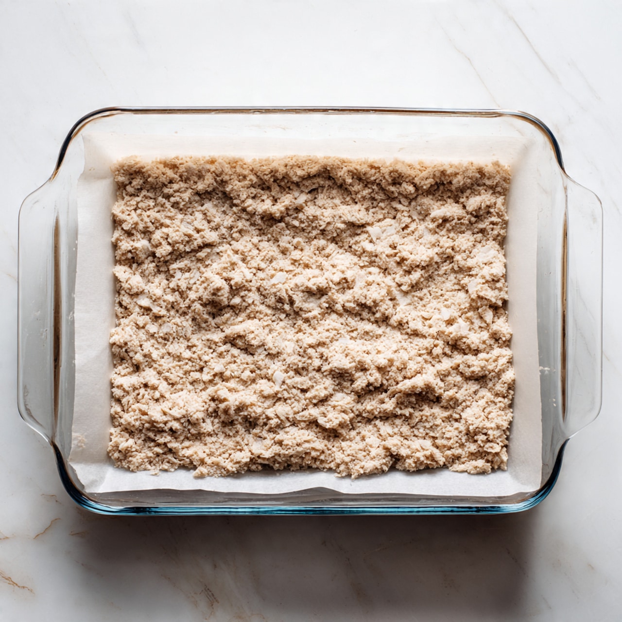 A clear glass baking dish lined with white parchment paper holds a single thick layer of light brown textured dough or batter pressed evenly to cover the entire bottom. The dough has visible rough and crumbly surface details with small lumps scattered throughout. The dish rests on a white marbled surface, making the light brown dough color stand out clearly. photo taken with an iphone --ar 4:5 --v 7