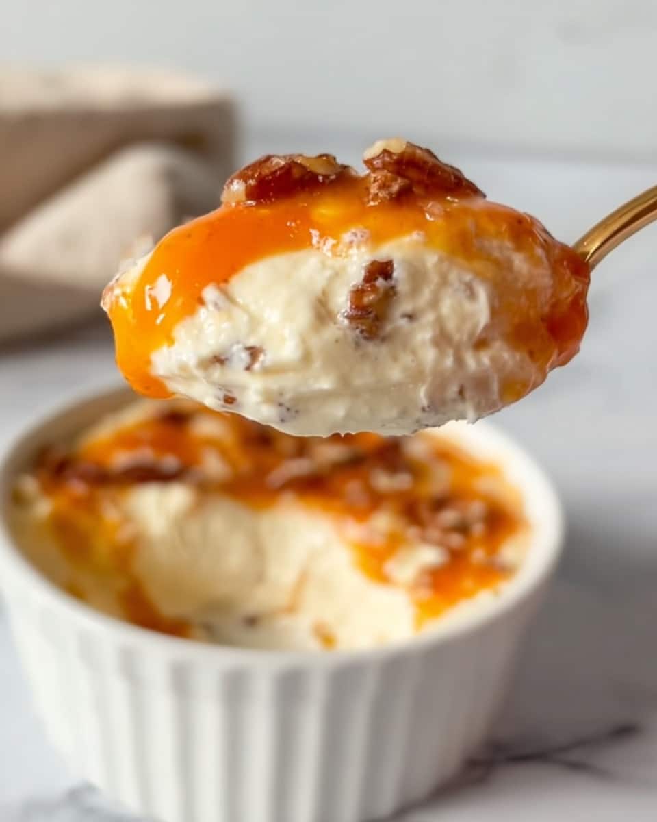 A close-up view of a spoonful of creamy dessert featuring a thick white layer with small brown nut-like bits mixed inside, topped with a smooth, glossy orange sauce that drapes over the cream. In the background, a white bowl filled with the same creamy dessert and orange topping is slightly blurred. The scene is set on a white marbled surface. Photo taken with an iphone --ar 4:5 --v 7