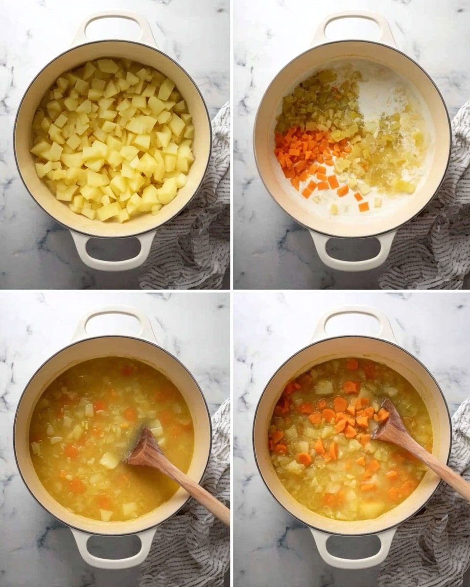A white bowl filled with creamy yellow soup showing small chunks of white and orange vegetables mixed with green herbs. Tiny bubbles float on the surface, scattered with fresh fine green dill leaves. A silver spoon rests in the right side of the bowl. The bowl sits on a textured beige cloth, with a white marbled surface in the background photo taken with an iphone --ar 4:5 --v 7