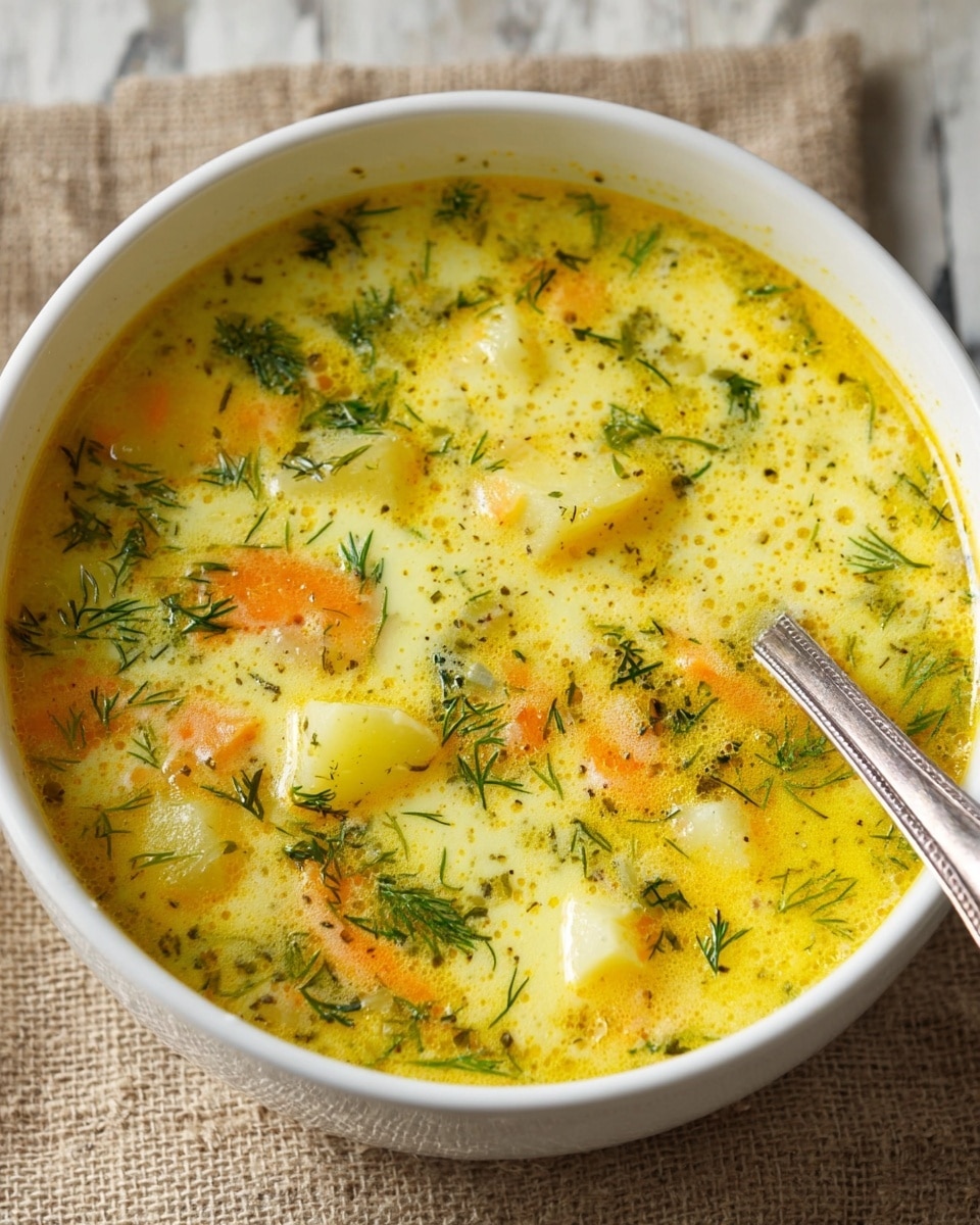The image shows a bowl of creamy soup with three main layers. The base layer is a thick, yellowish cream broth with scattered herbs mixed inside. On top, chunks of white potatoes and bright orange carrot strips float together, showing a soft texture. Green pickle slices add a contrasting color, and fresh dill sprigs are sprinkled over all, giving a fresh, leafy green touch. A silver spoon is partly dipped in the soup inside a white bowl, with a white marbled surface beneath. The light is soft and natural. photo taken with an iphone --ar 4:5 --v 7