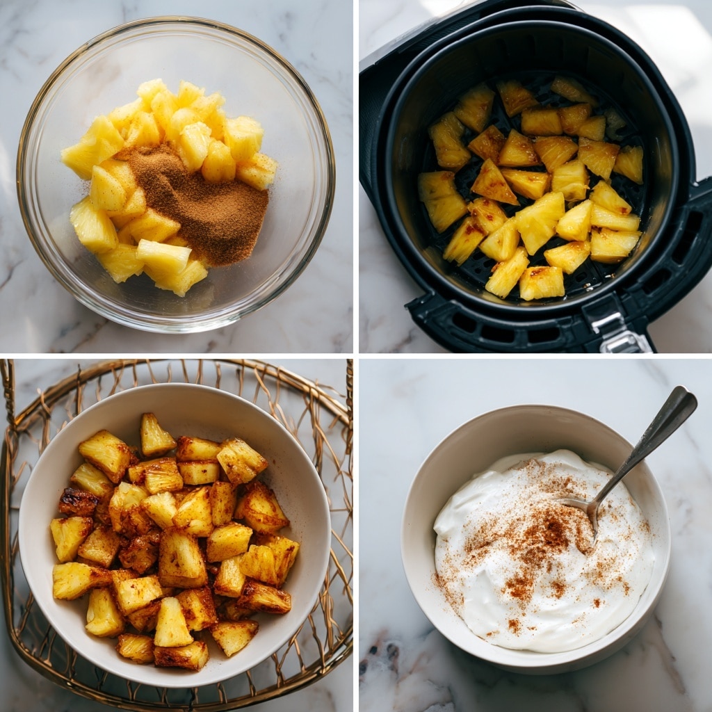 The image shows four steps of making a dish with pineapple pieces. In the first part, yellow pineapple chunks are in a clear glass bowl with brown sugar and cinnamon sprinkled on top. The second part shows the pineapple pieces in a black air fryer basket, starting to cook, with a light browning. The third part shows the pineapple more cooked, golden brown, and caramelized inside the same air fryer basket placed on a wire rack. The last part shows a white bowl with caramelized pineapple pieces sitting on white marbled surface, mixed in creamy white yogurt with some cinnamon, and a metal spoon resting in the bowl. Photo taken with an iphone --ar 4:5 --v 7